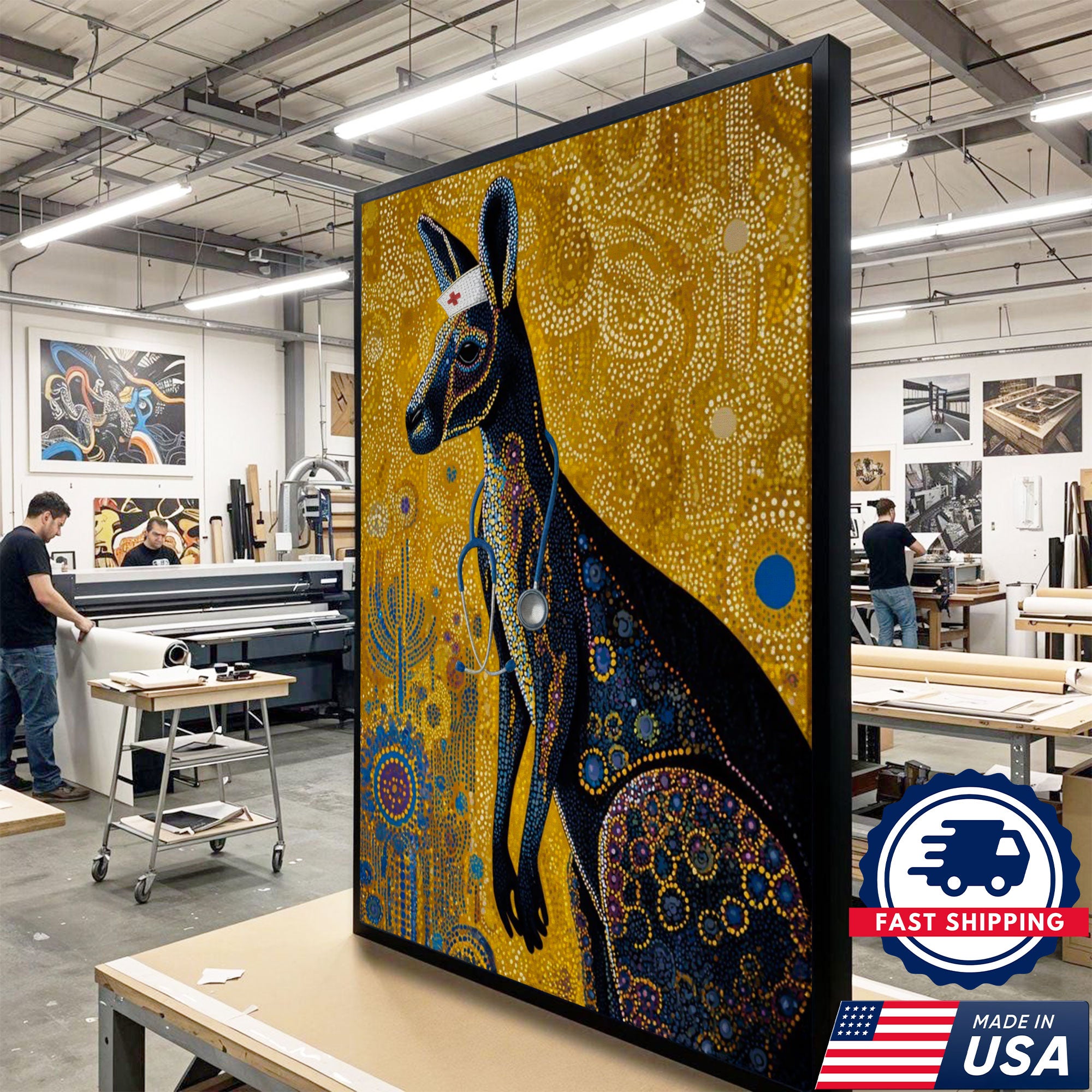 Aboriginal Style Kangaroo Canvas, Kangaroo Nurse Dot Art Poster, Australian Wildlife Decor For Nursing
