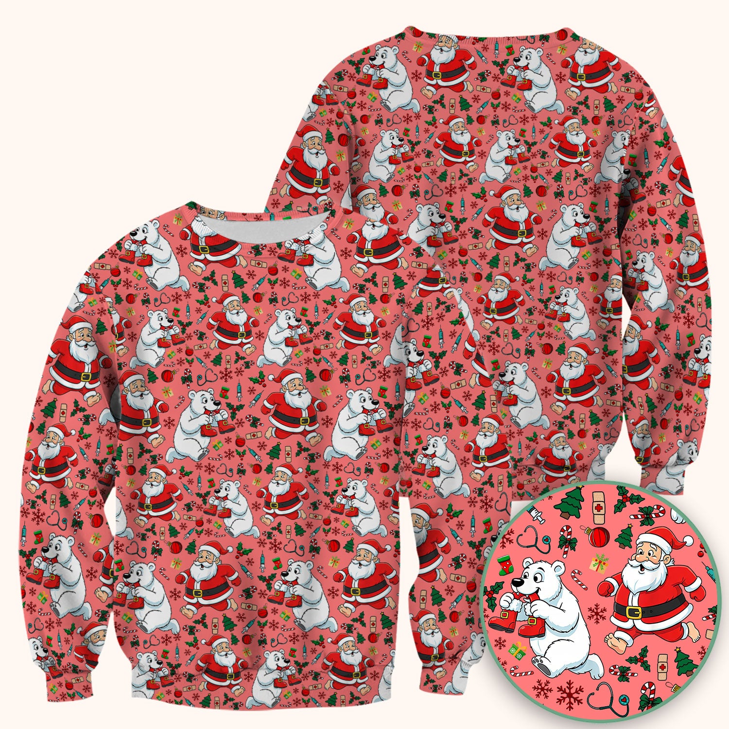 Christmas Santa & Polar Bear Scrub Top - Funny Holiday Nurse Shirt for Women - Cute Winter Medical Uniform