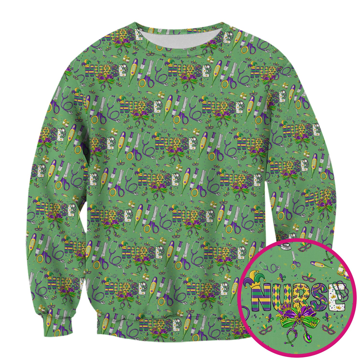 Mardi Gras Nurse Scrub Top, Holiday Medical Pattern Nurse Shirt, Breathable Fabrics Nursing Uniform