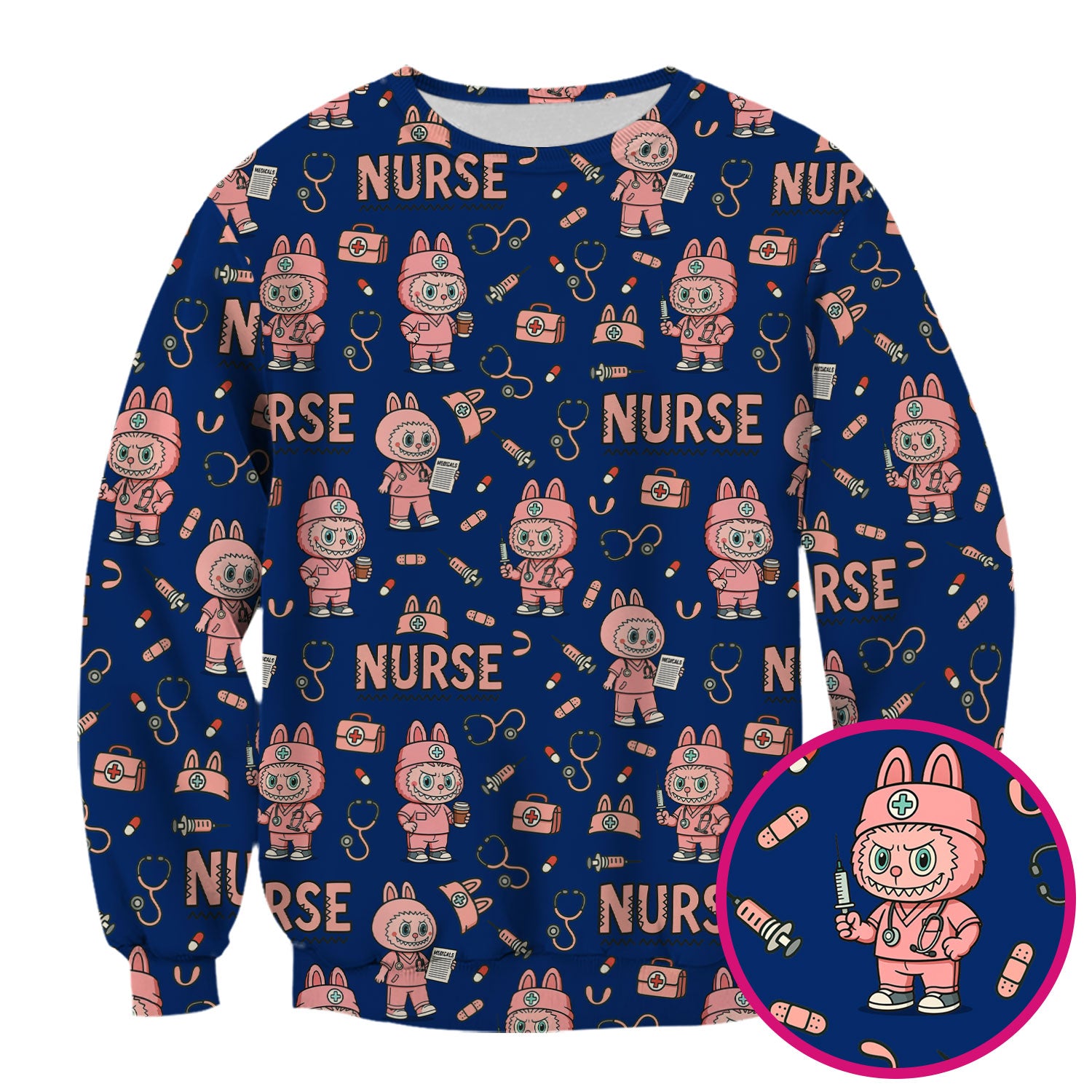 Bunny Cartoon Nurse Scrub Shirt  Cute Medical Top for Women CNA RN Doctor - Fun Scrubs Gift Idea for Nurses, Students, Holiday Season