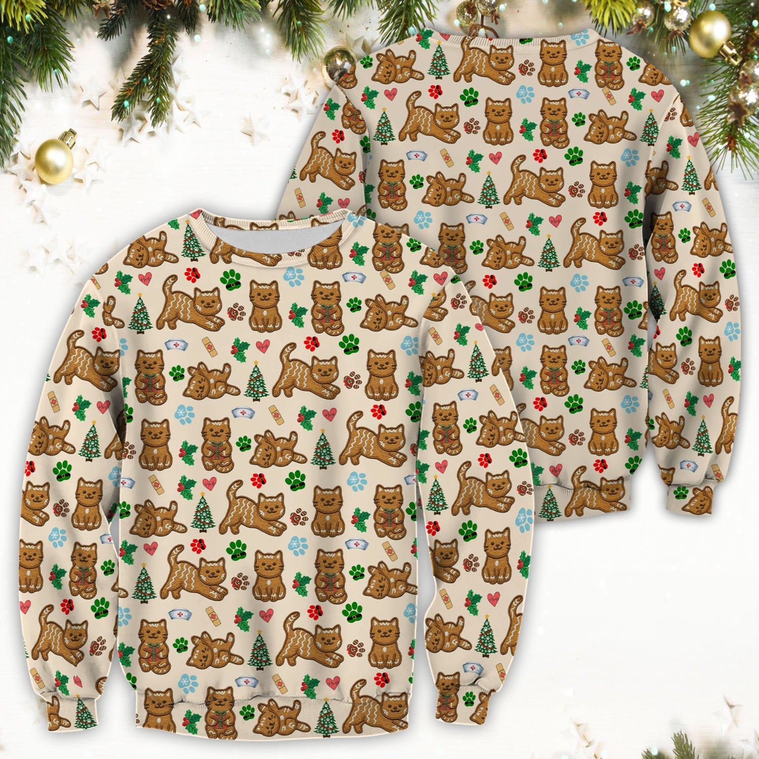 Gingerbread Cat Christmas Scrub Top, Cute Holiday Kitty Medical Uniform Shirt For Nursing, Festive Nurse Pattern