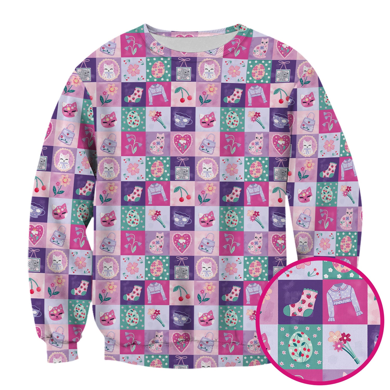 Pastel Cat Patchwork Scrub Top, Kawaii Floral Nursing Uniform