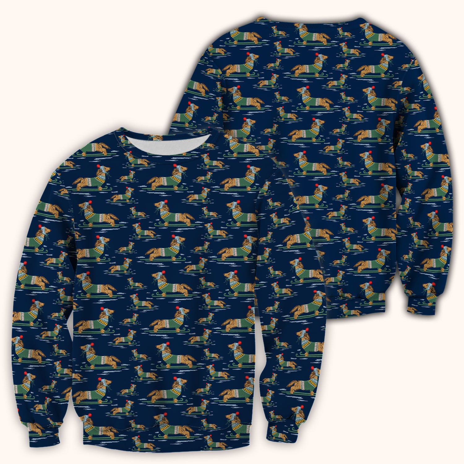 Dachshund Nurse Scrub Top, Wiener Dog Winter Pattern Shirt, Breathable Fabrics Nursing Uniform