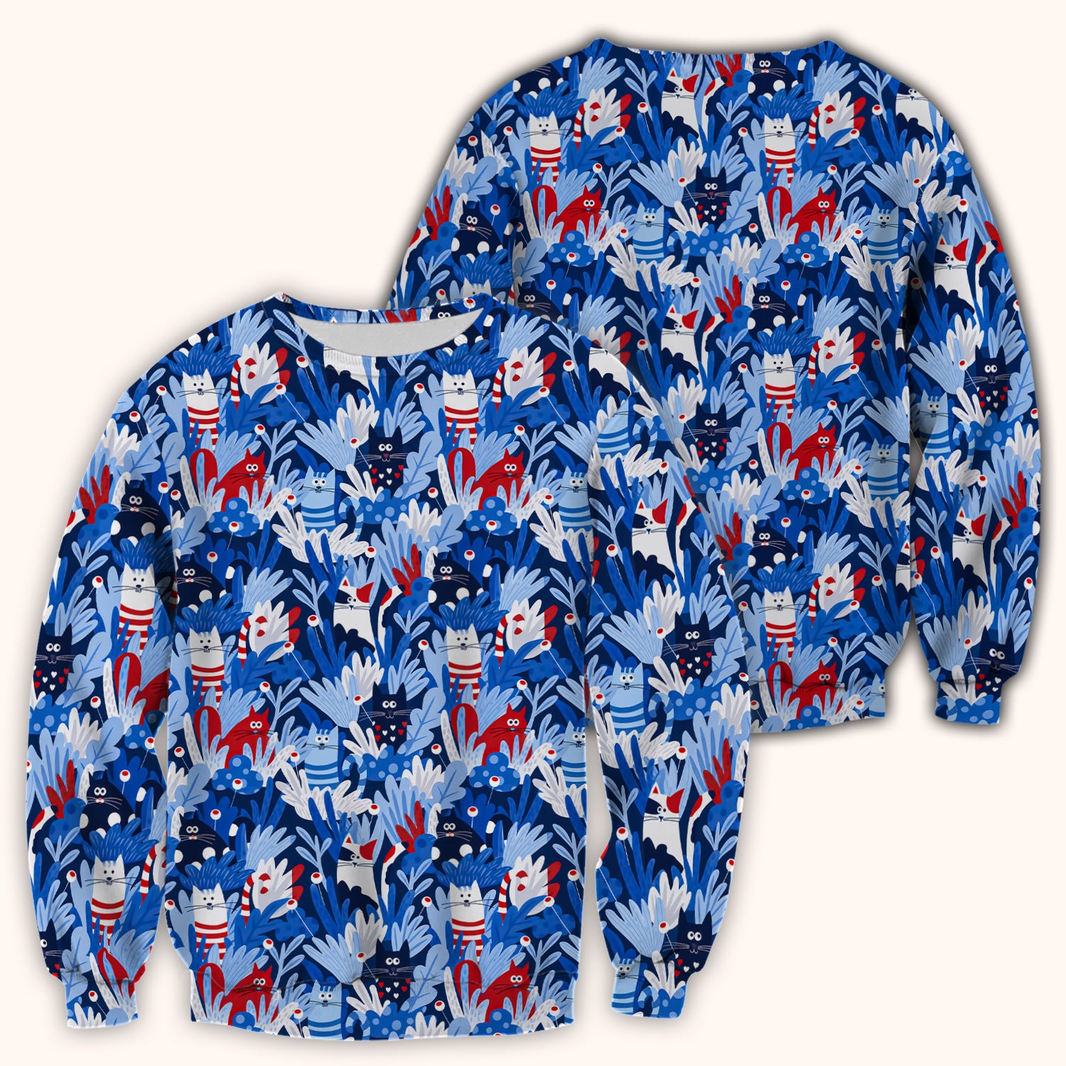 Cute Cats Among Blue Foliage Pattern Scrub Top, Comfortable Scrubs for Nurses