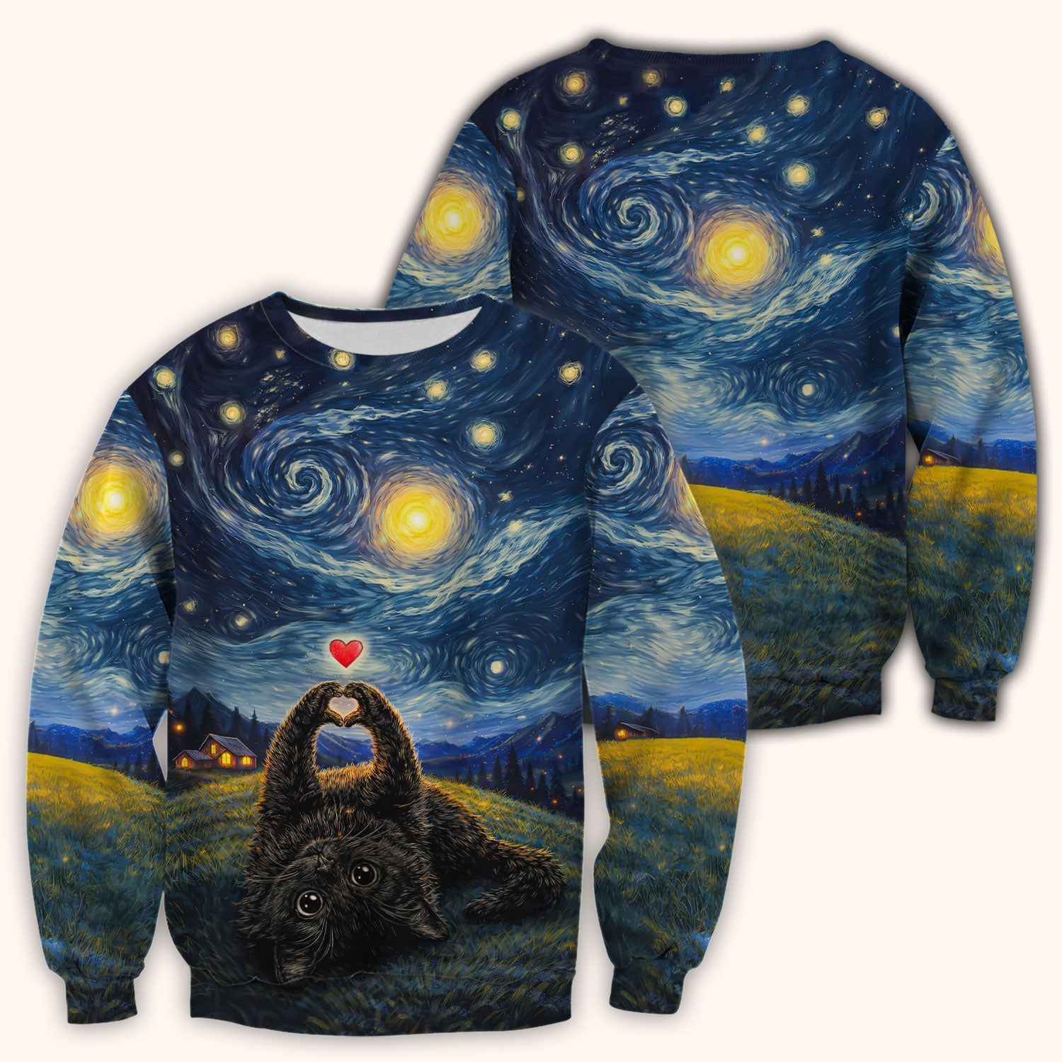 Starry Night Black Cat Heart Art Scrub Top, Breathable Fabrics Nursing Uniform
