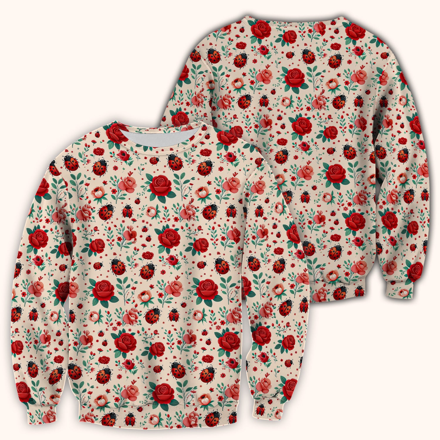 Cute Ladybug Red Rose Floral Pattern Scrub Top, Breathable Fabrics Nursing Uniform