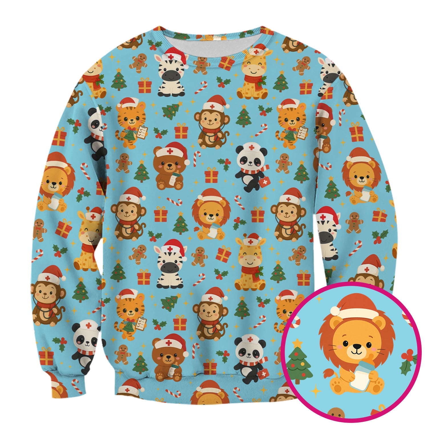 Cute Animal Christmas Nurse Scrub Top - Funny Holiday Safari Pattern Shirt for Women - Festive Nursing Gift for RN LPN CNA