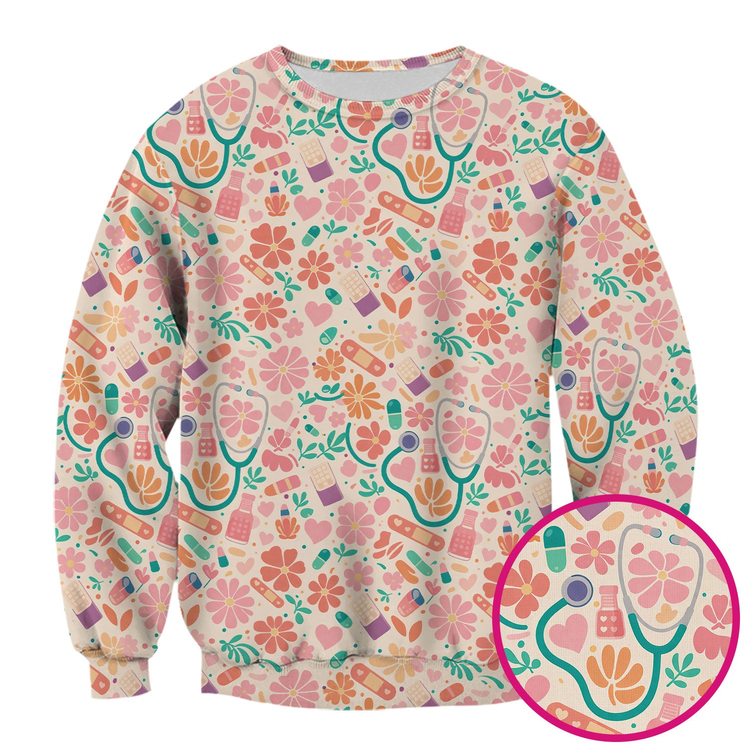 Cute Medical Floral Pattern Scrub Top, Comfortable Scrubs For Nurses