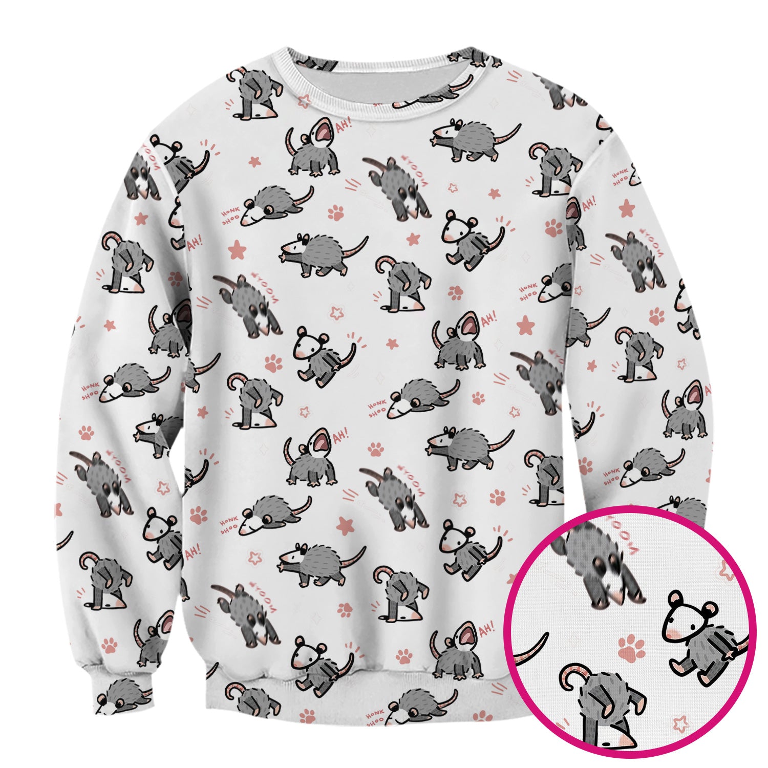 Playful Cartoon Opossum Character Pattern Scrub Top, Breathable Fabrics Nursing Uniform