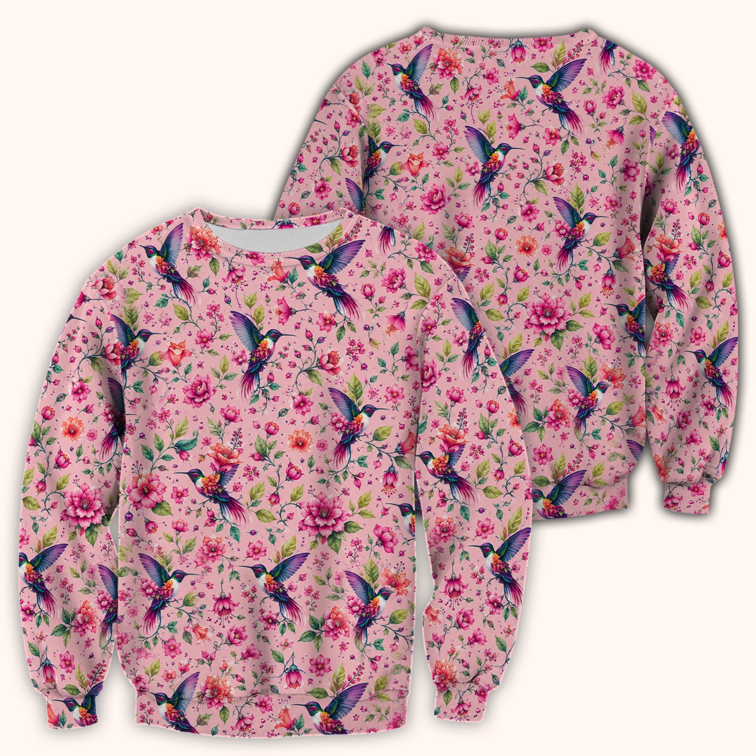 Pink Hummingbird Floral Garden Pattern Scrub Top, Comfortable Scrubs for Nurses
