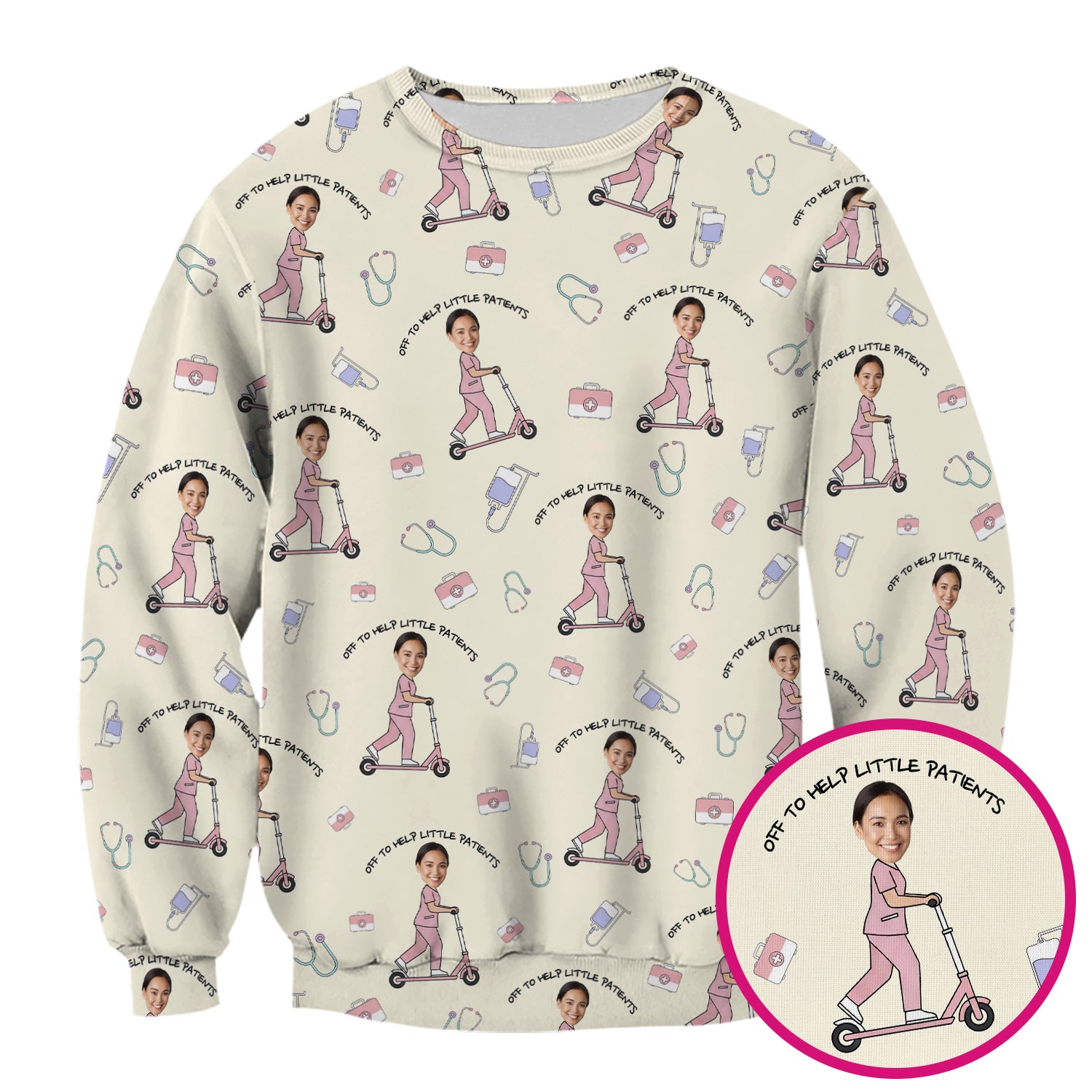 Custom Face Pediatric Nurse Scooter Pattern Scrub Top, Comfortable Scrubs for Nurses
