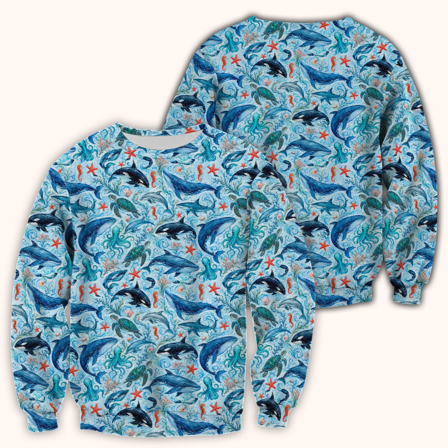 Watercolor Ocean Wildlife Scene Pattern Scrub Top, Comfortable Scrubs for Nurses