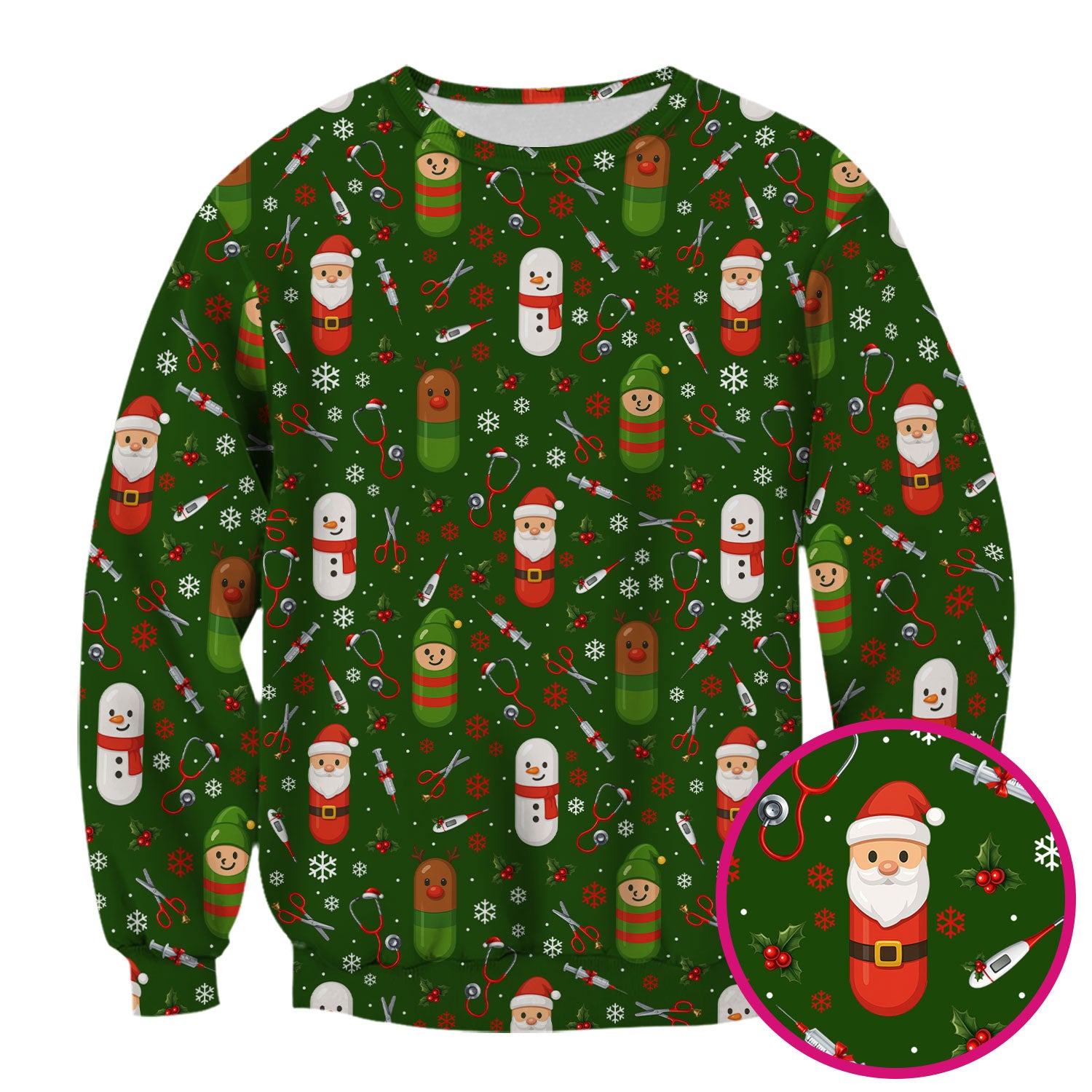 Santa Christmas Scrubs Set - Fun Holiday Pattern with Reindeer and Snowman - Cute Medical Scrub Top and Pants for Nurses