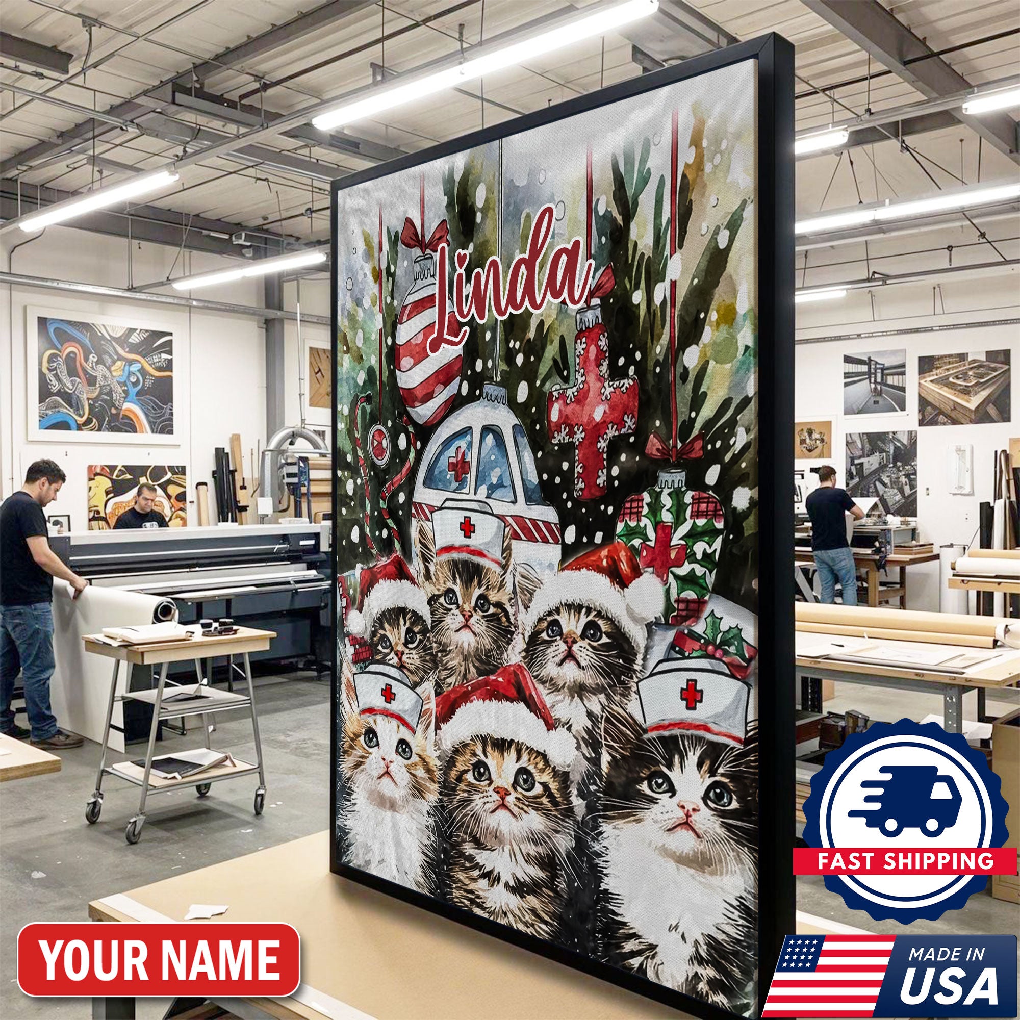 Personalized Nurse Cat Christmas Canvas, Custom Name Nurse Wall Art, Cute Holiday Gift For RN And Cat Lovers