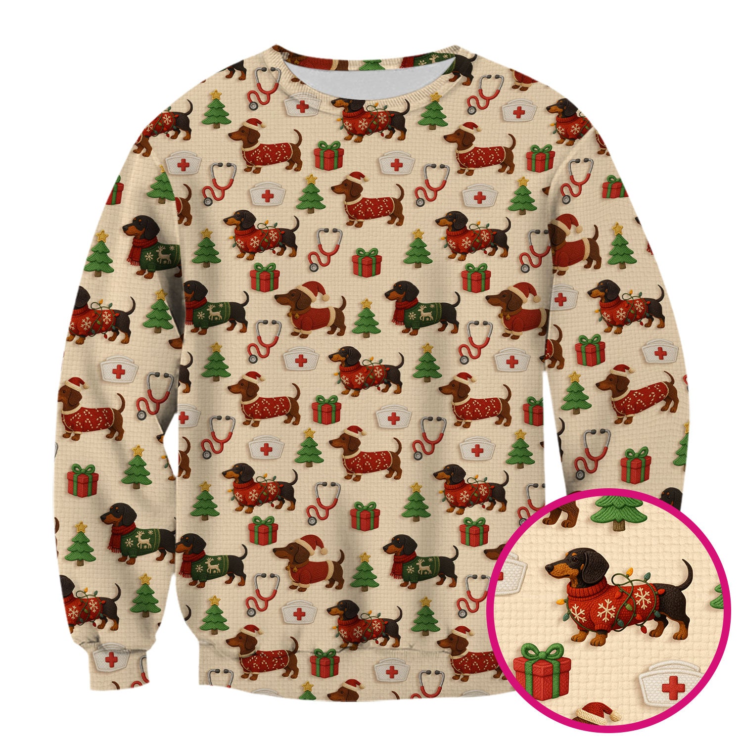 Christmas Nurse Scrubs for Women - Cute Dachshund Dog Print with Holiday Gifts & Trees - Custom Multi Color Nursing Shirt Gift