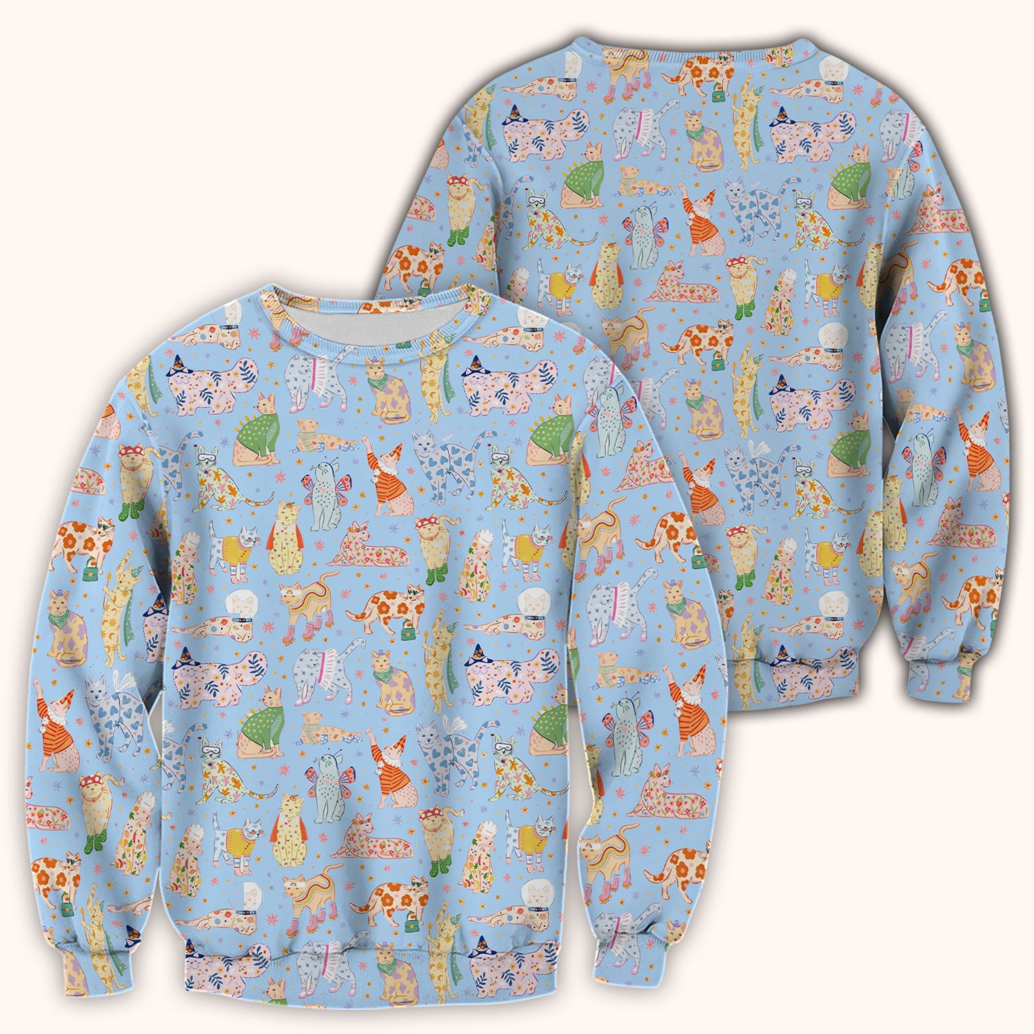 Colorful Pastel Cartoon Cats Print Scrub Top, Breathable Fabrics Nursing Uniform