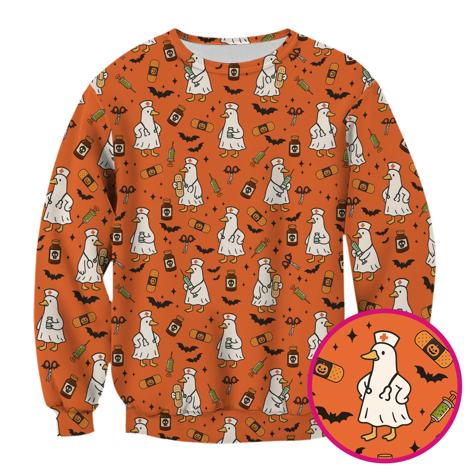 Funny Goose Nurse Scrub Top - Cute Halloween Duck Pattern Shirt with Bats & Bandages - Spooky Nursing Gift for Women RN LPN CNA