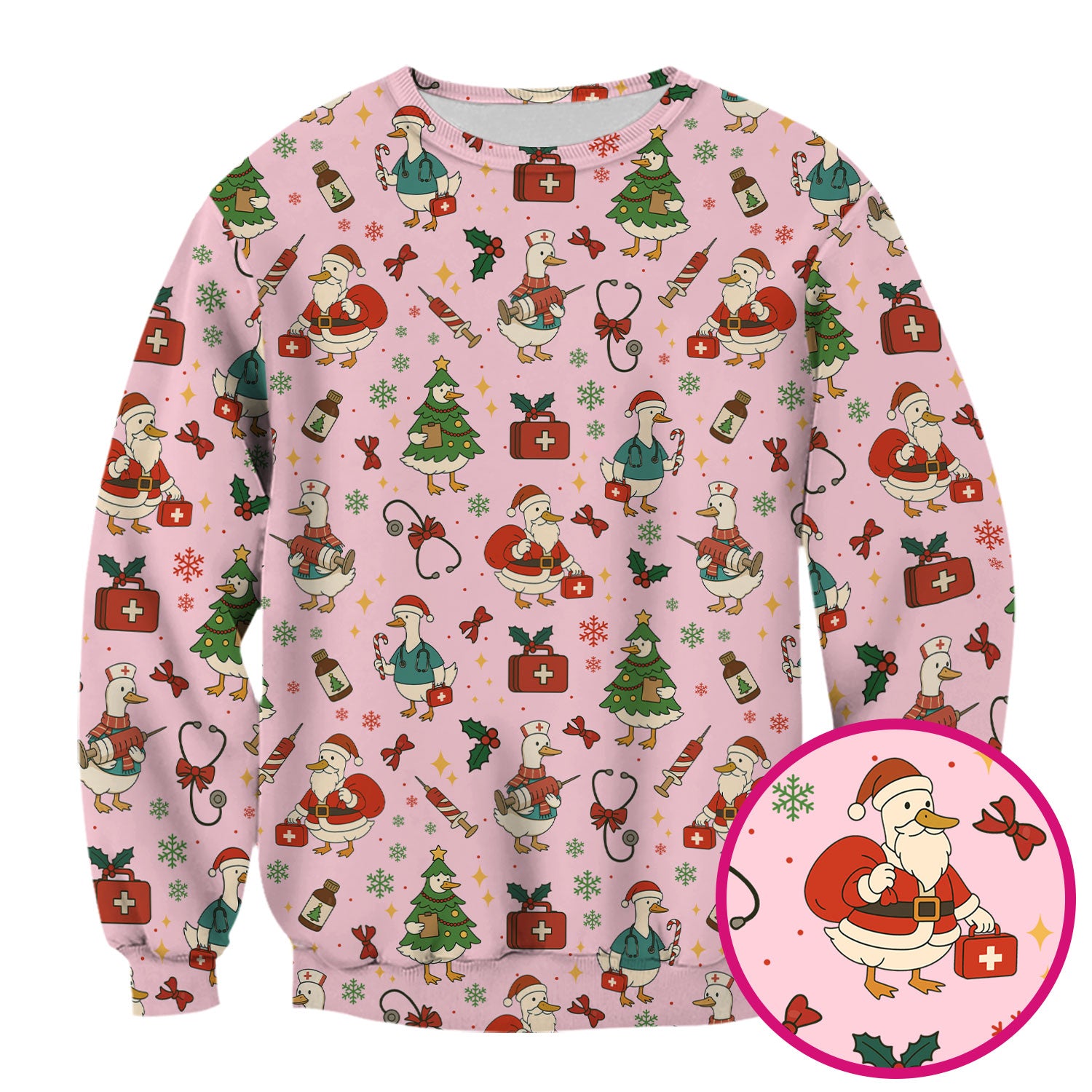 Funny Christmas Duck Nurse Scrub Top - Cute Santa Pattern Holiday Shirt for Women - Festive Nursing Outfit Gift for RN LPN CNA