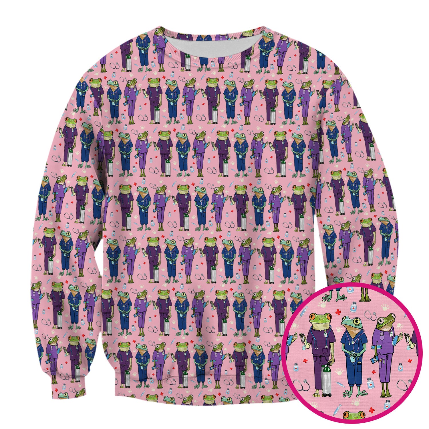 Funny Frog Nurse Pattern Scrub Top, Breathable Healthcare Uniform Top