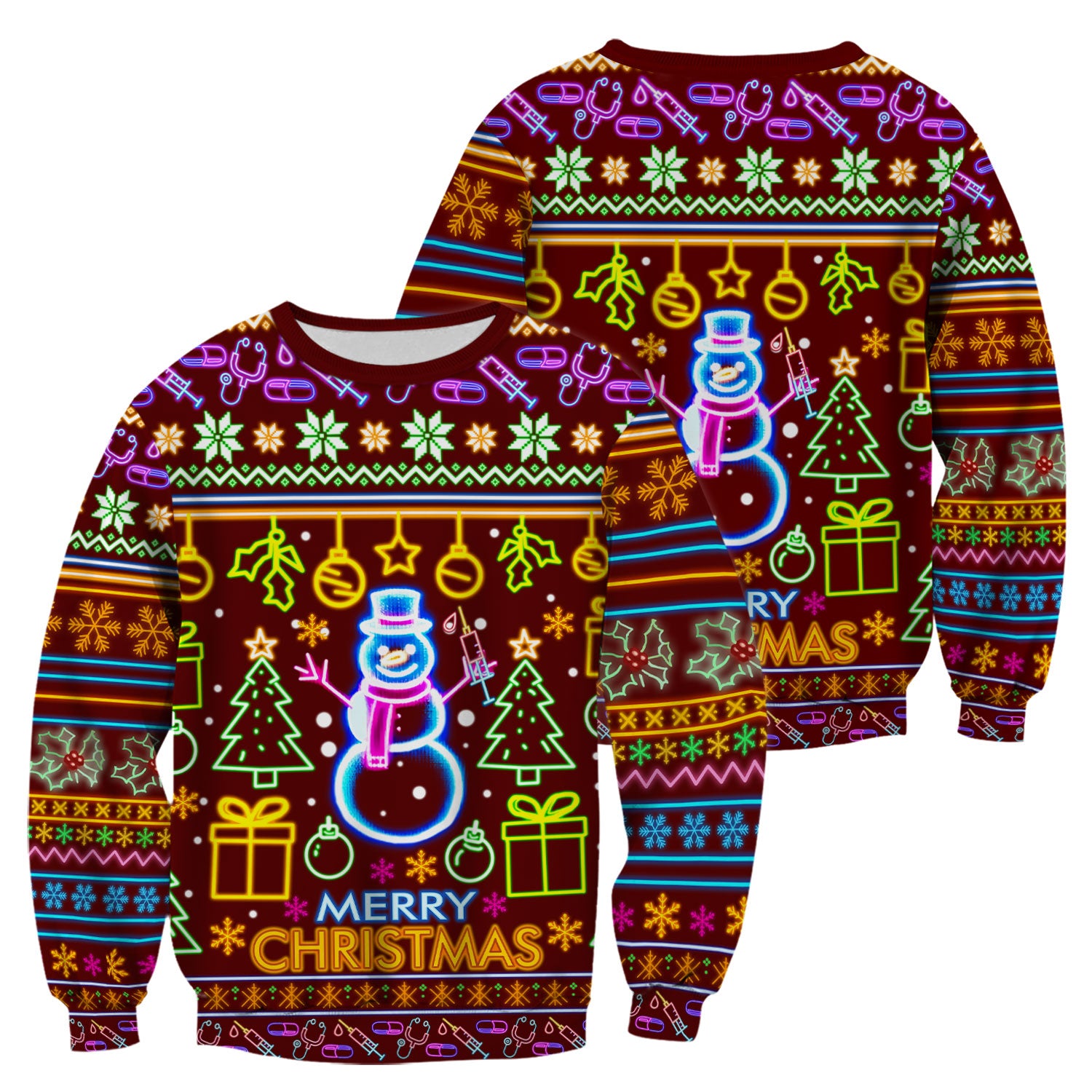 Neon Snowman Christmas Scrub Top for Nurses - Merry Christmas Holiday Lights Pattern - Funny Festive Medical Uniform for RN LPN CNA