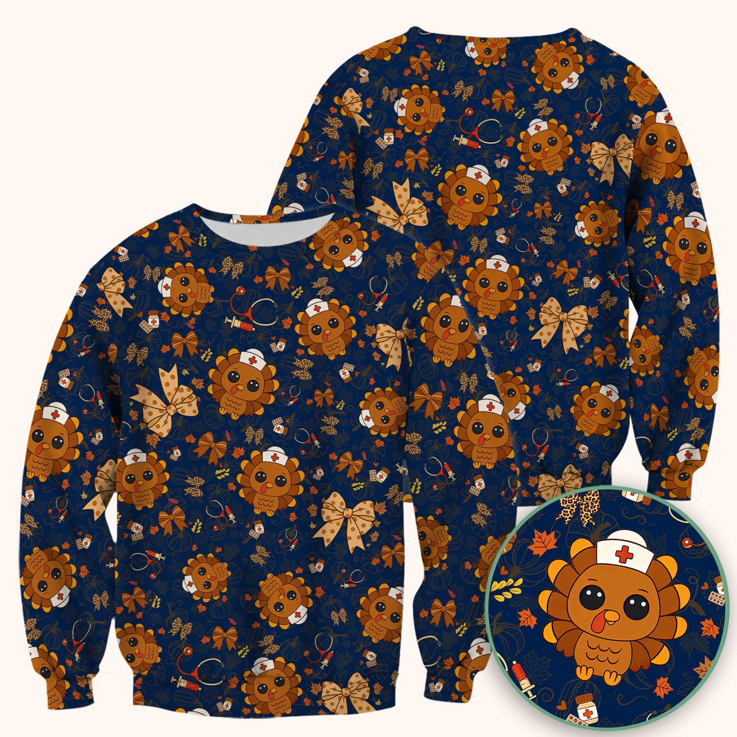 Thanksgiving Turkey Nurse Scrub Top for Women - Cute Fall Leaves and Bow Shirt - Autumn Medical Shirt Gift for RN CNA LPN Doctor
