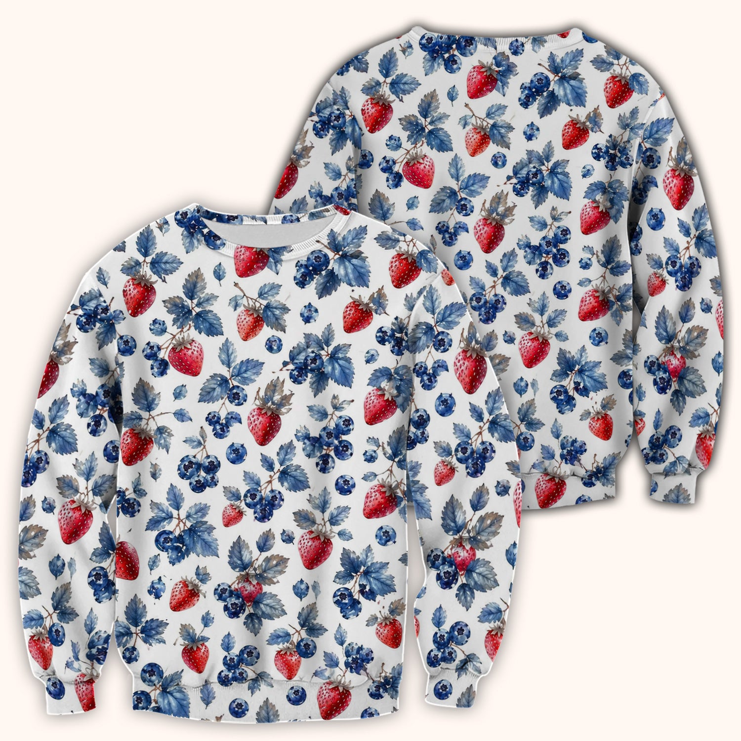 Cute Strawberry & Blueberry Leaf Pattern Scrub Top, Comfortable Scrubs for Nurses