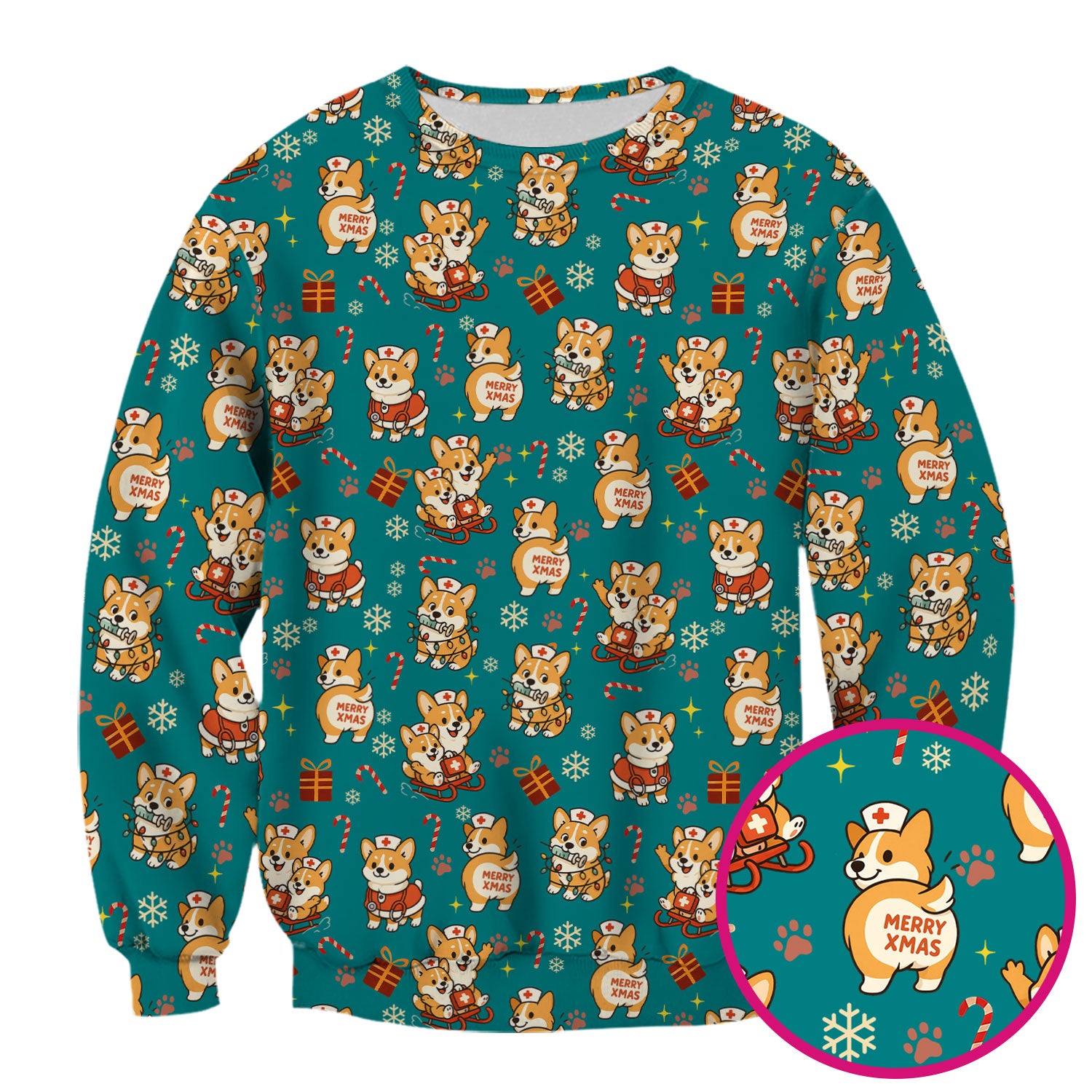 Christmas Corgi Scrubs for Nurses - Cute Corgi Pattern with Candy Canes, Snowflakes and Gifts - Funny Holiday Nurse Scrub Top Gift for Women RN CNA LPN