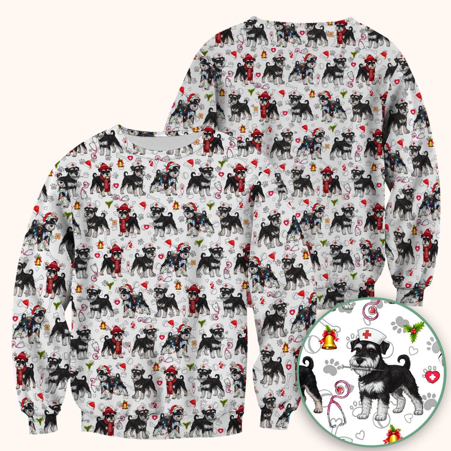 Christmas Schnauzer Scrubs for Nurses - Cute Dog Holiday Scrub Top - Funny Santa Nursing Medical Shirt for Women