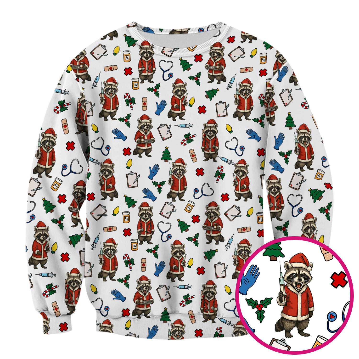Christmas Raccoon Nurse Scrub Top - Funny Holiday Santa Pattern Shirt - Cute Medical Gift for RN LPN CNA Women