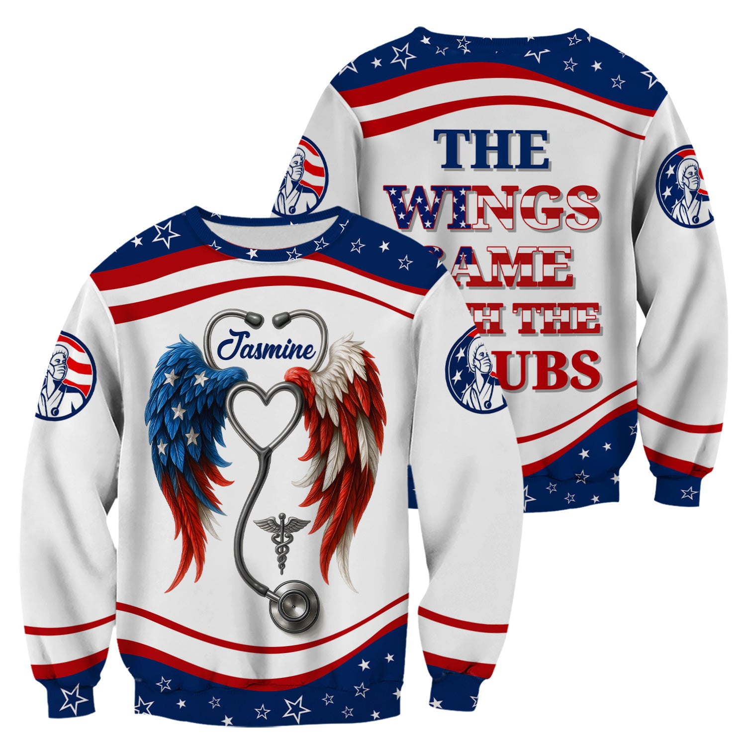 Personalized Nurse Shirt - American Flag Angel Wings & Scrubs Design - Patriotic Gift for RN LPN CNA Women