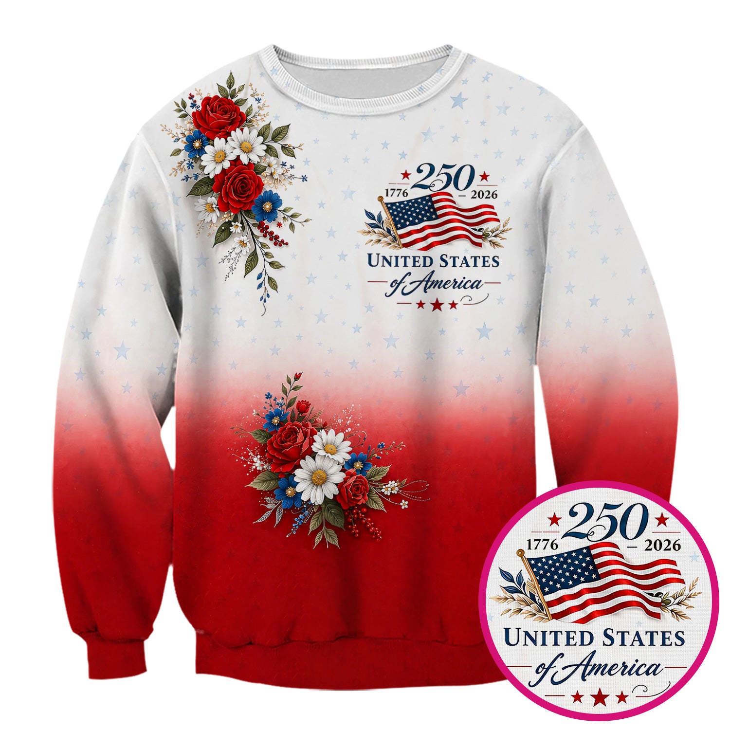 Patriotic 250th Flag Floral Pattern Scrub Top, Comfortable Scrubs for Nurses