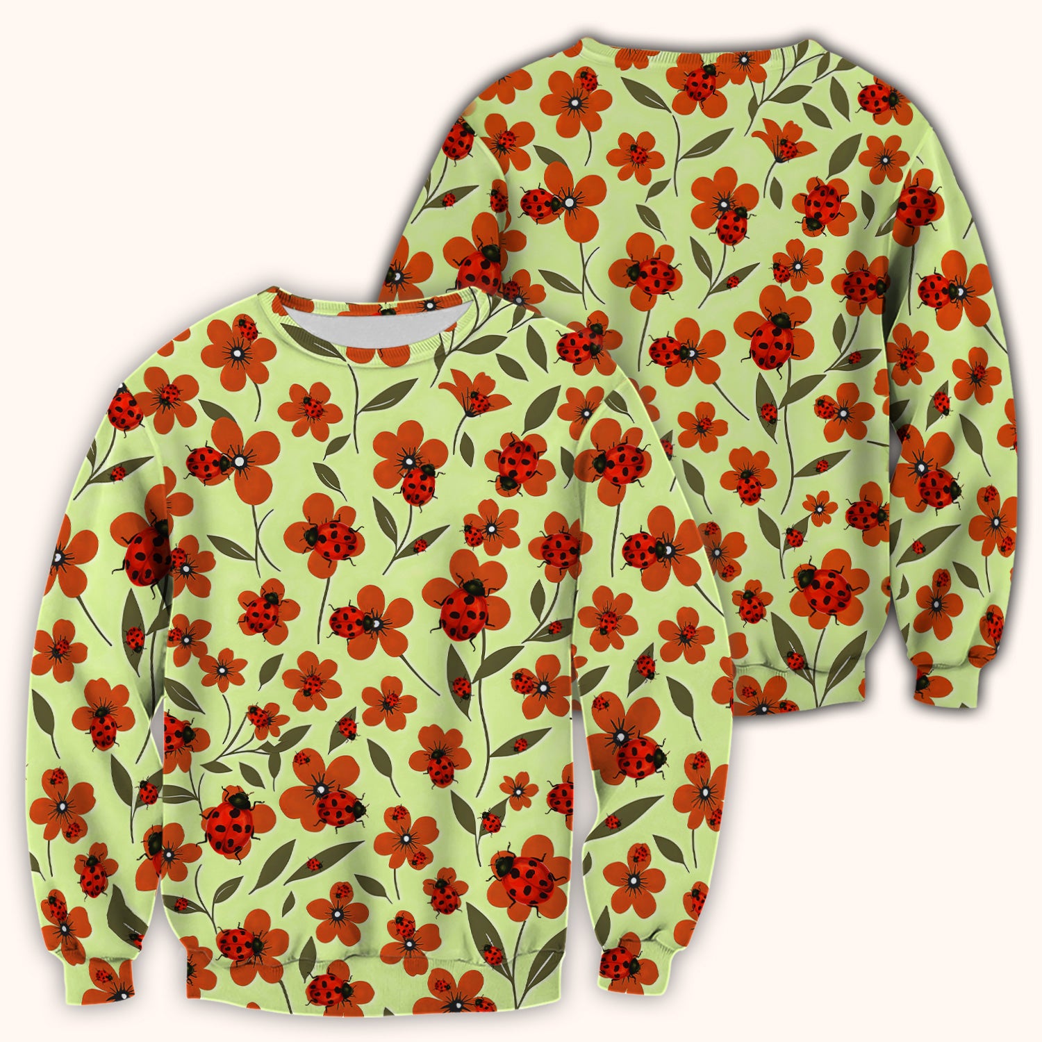 Ladybug on Orange Floral Garden Pattern Scrub Top, Comfortable Scrubs for Nurses