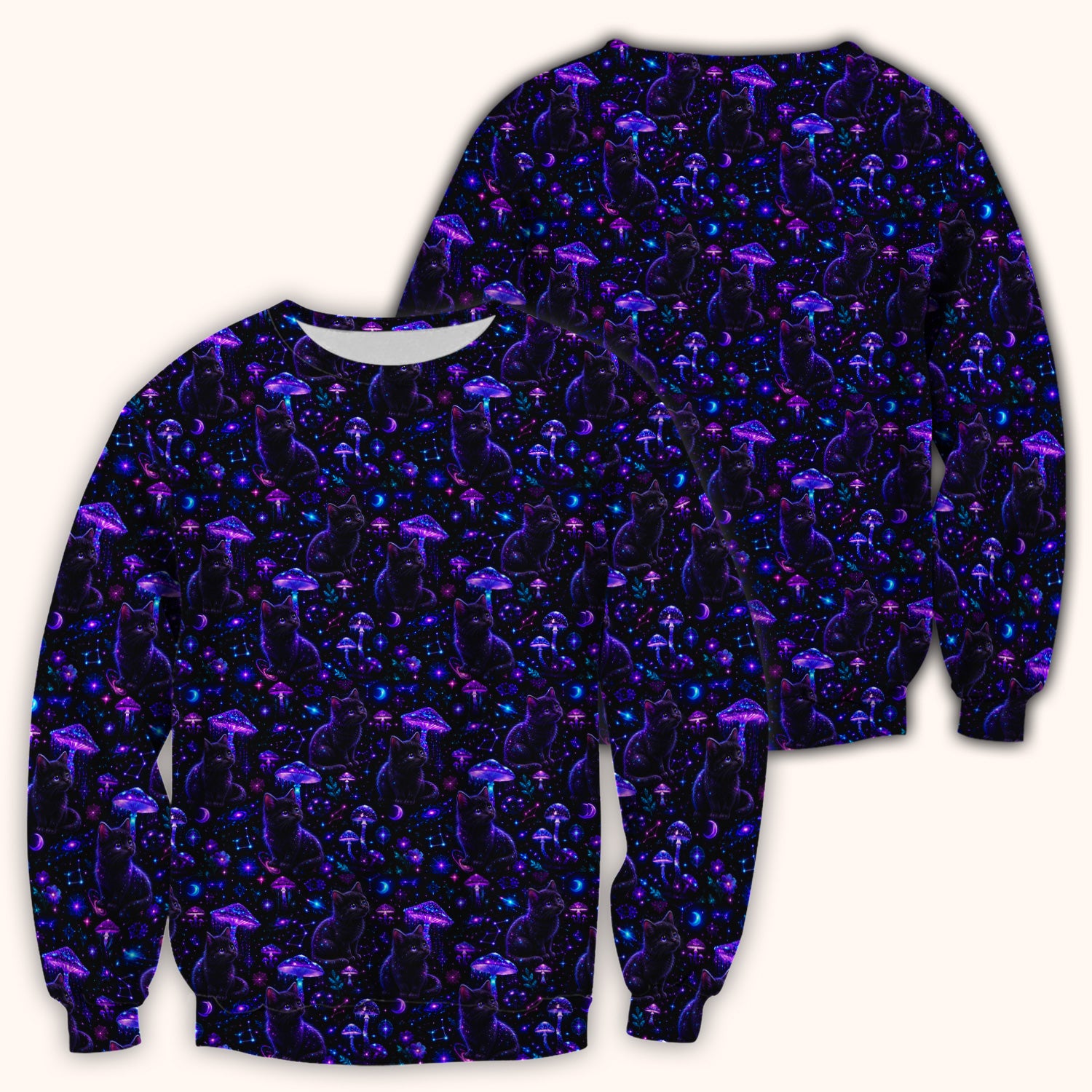 Mystical Black Cat Neon Mushroom Print Scrub Top, Comfortable Scrubs for Nurses