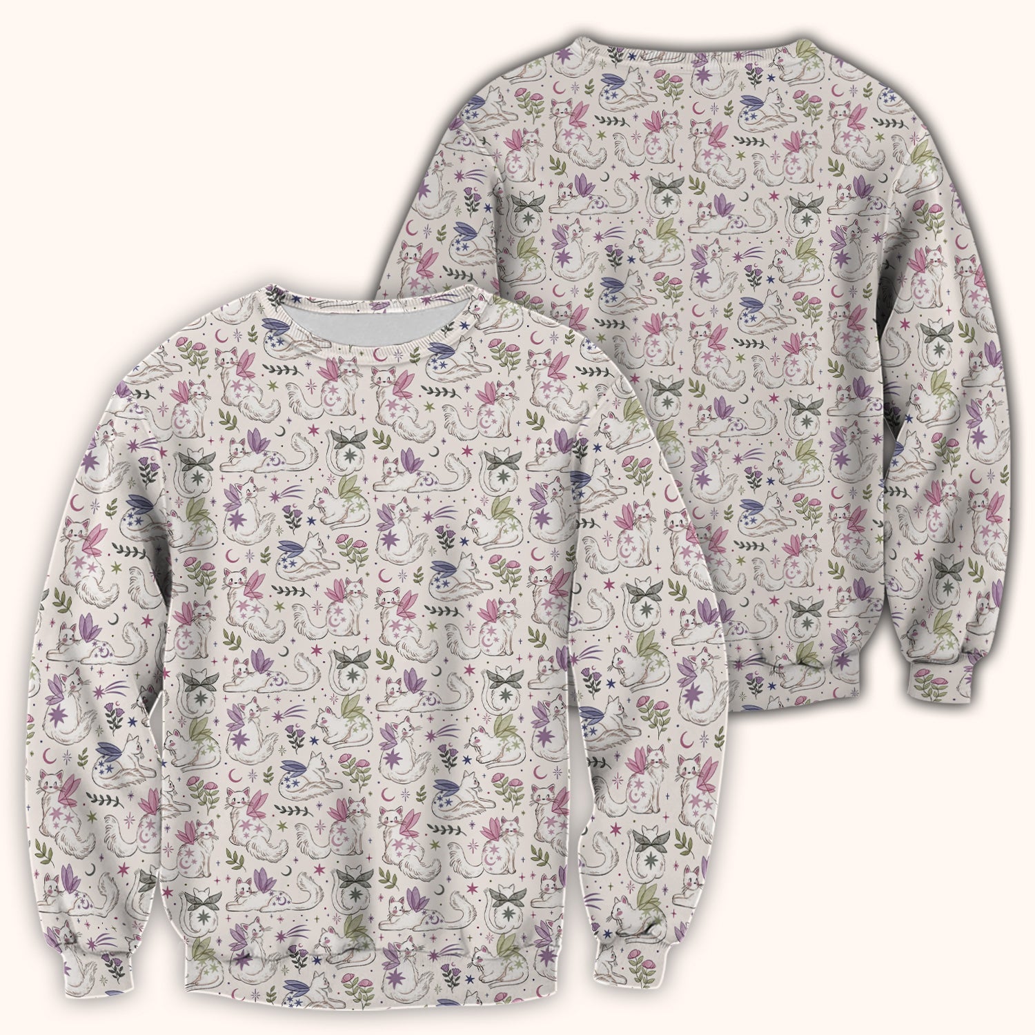 Cute Fairy Cat Moon Star Floral Pattern Scrub Top, Comfortable Scrubs for Nurses