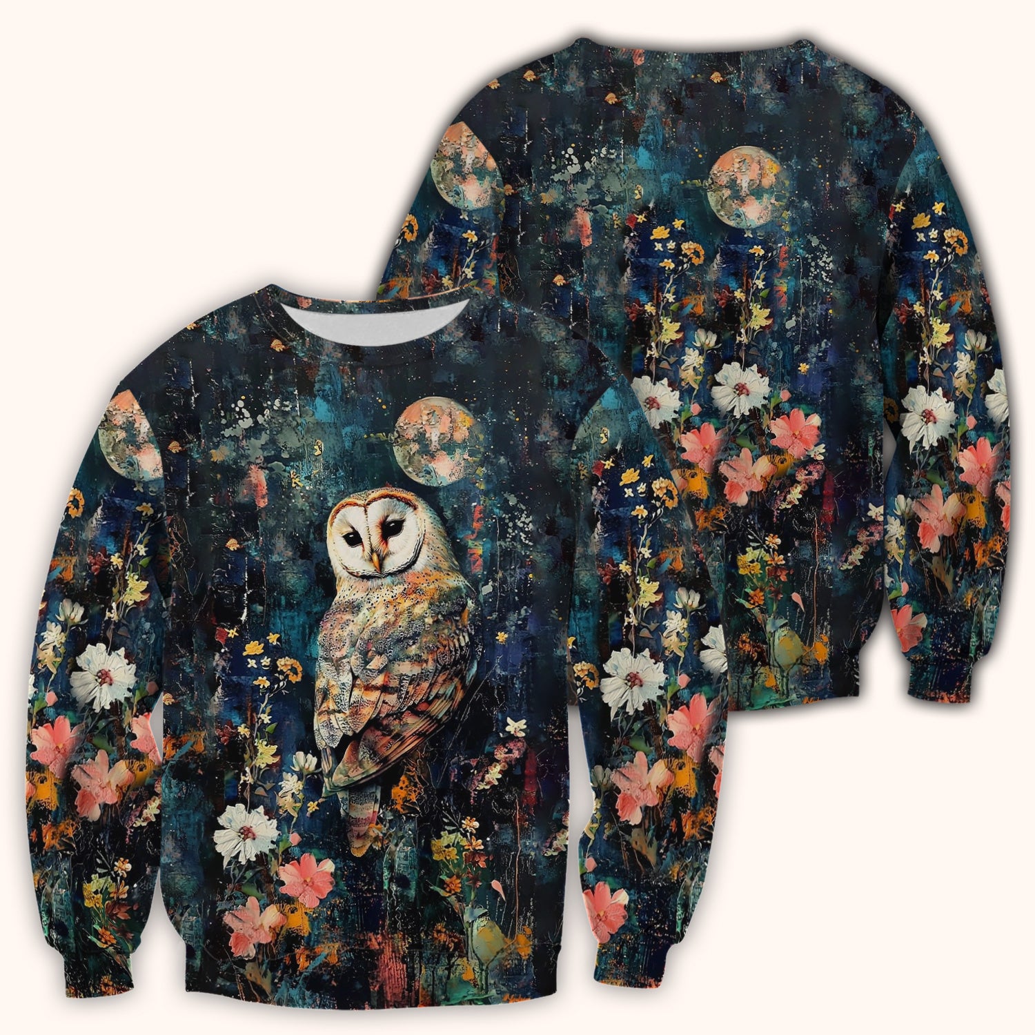 Moonlit Barn Owl Floral Pattern Scrub Top, Comfortable Scrubs for Nurses