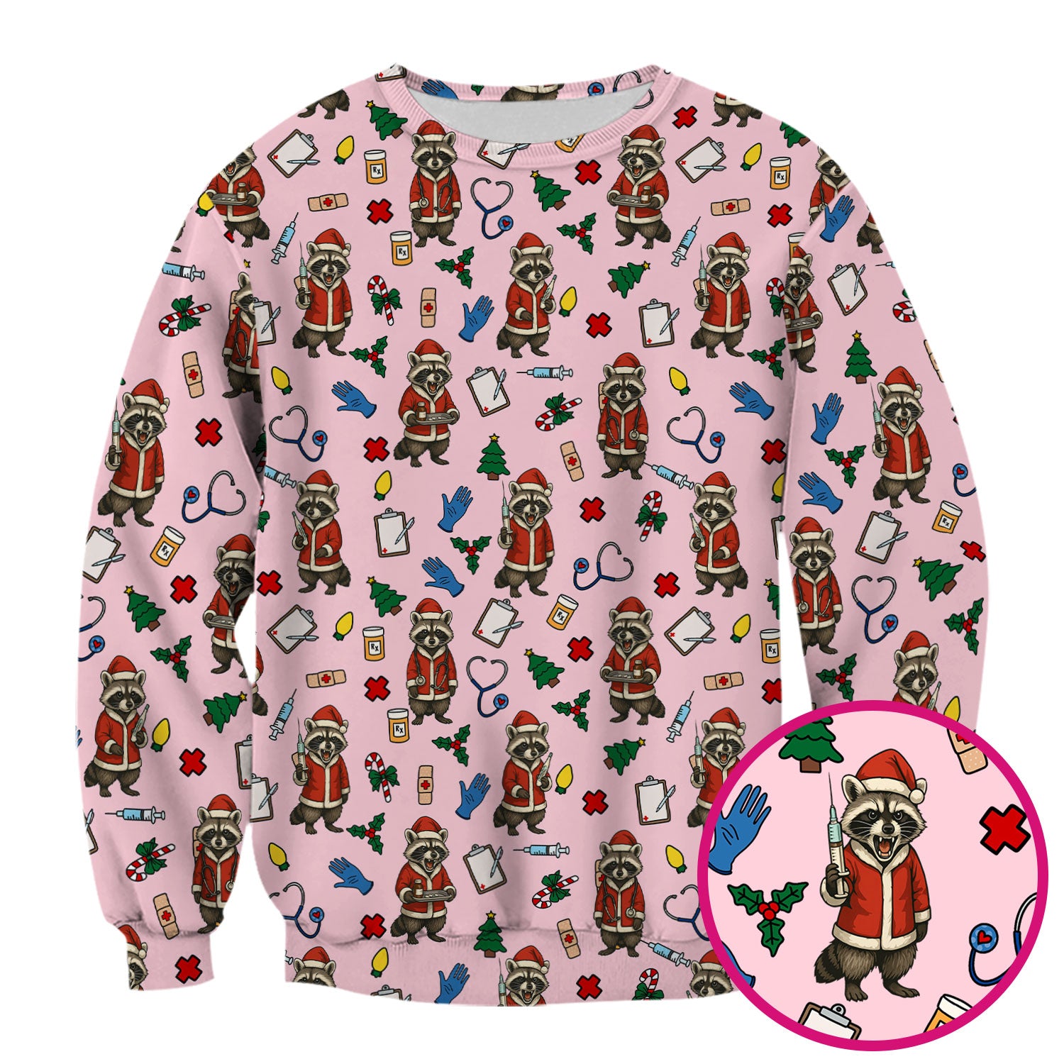 Christmas Raccoon Nurse Scrub Top - Funny Holiday Santa Pattern Shirt - Cute Medical Gift for RN LPN CNA Women