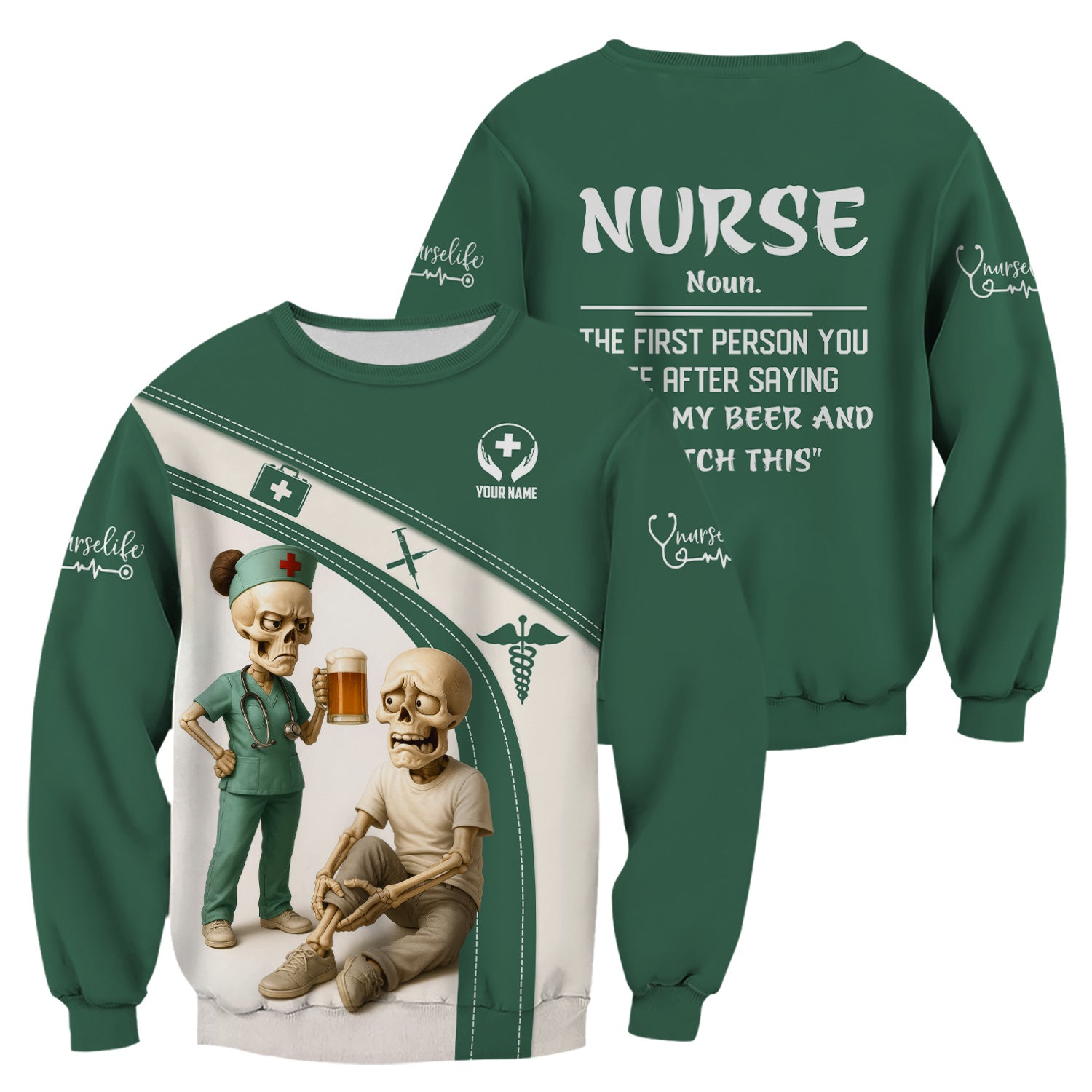 Funny Skeleton Nurse Shirt for Women - Custom Name Beer Joke Medical Uniform - Hilarious Gift for RN CNA LPN
