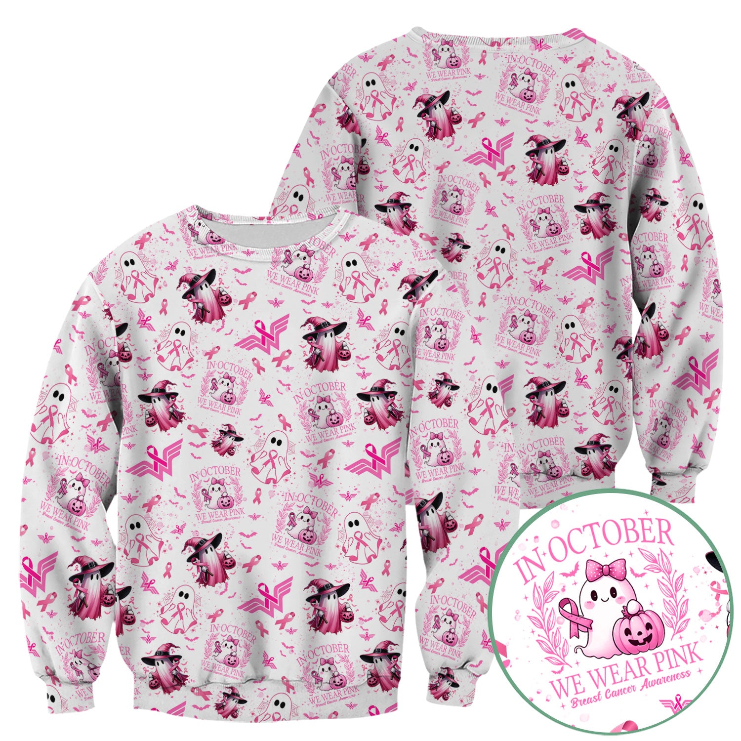 Pink Halloween Scrub Top for Nurses - In October We Wear Pink Breast Cancer Awareness Shirt - Cute Ghost Witch Gift for RN CNA LPN