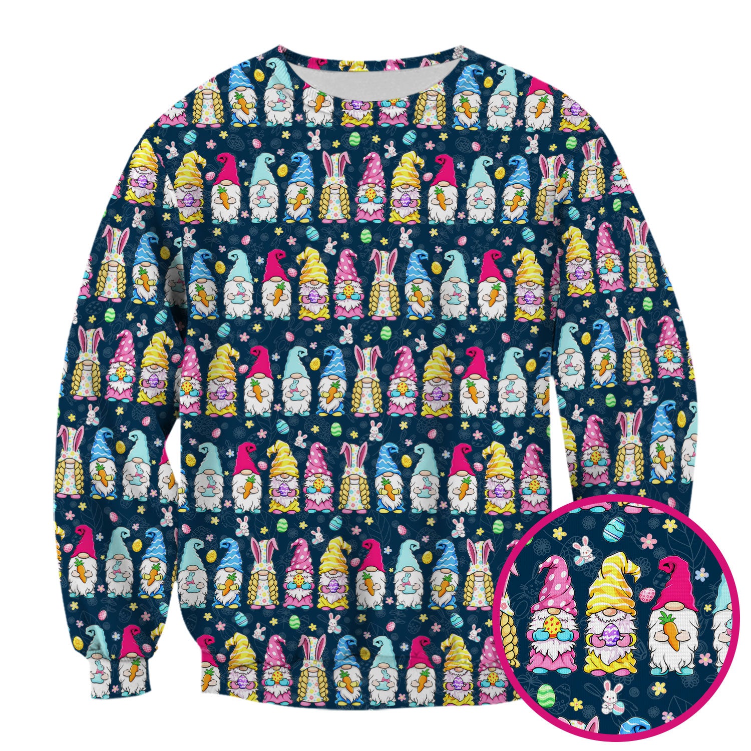 Colorful Easter Gnome Bunny Eggs Print Scrub Top, Comfortable Scrubs for Nurses
