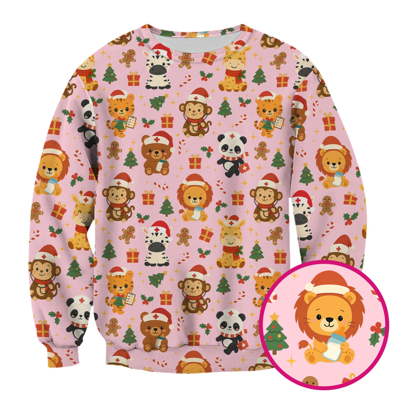 Cute Animal Christmas Nurse Scrub Top - Funny Holiday Safari Pattern Shirt for Women - Festive Nursing Gift for RN LPN CNA