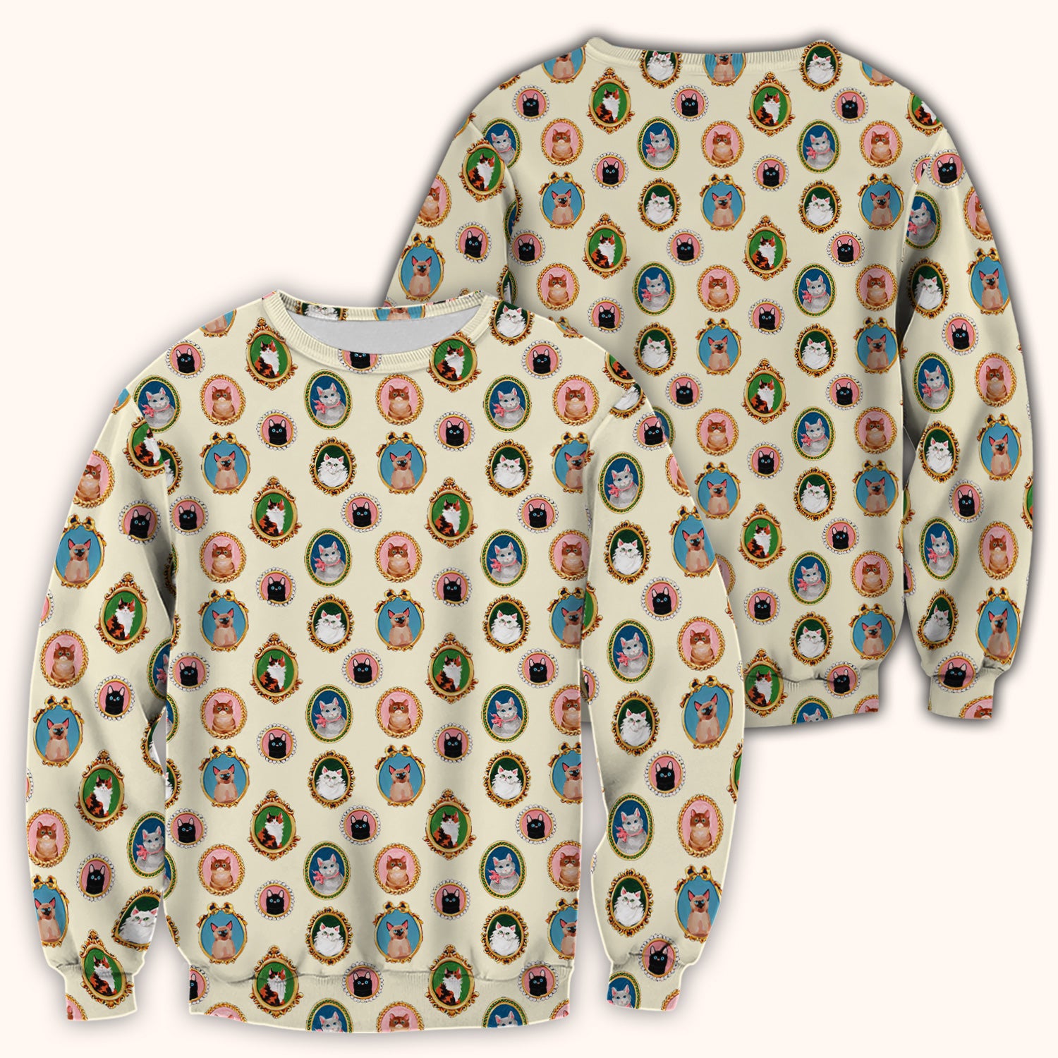Vintage Cat Portrait Pattern Scrub Top, Breathable Medical Uniform Top