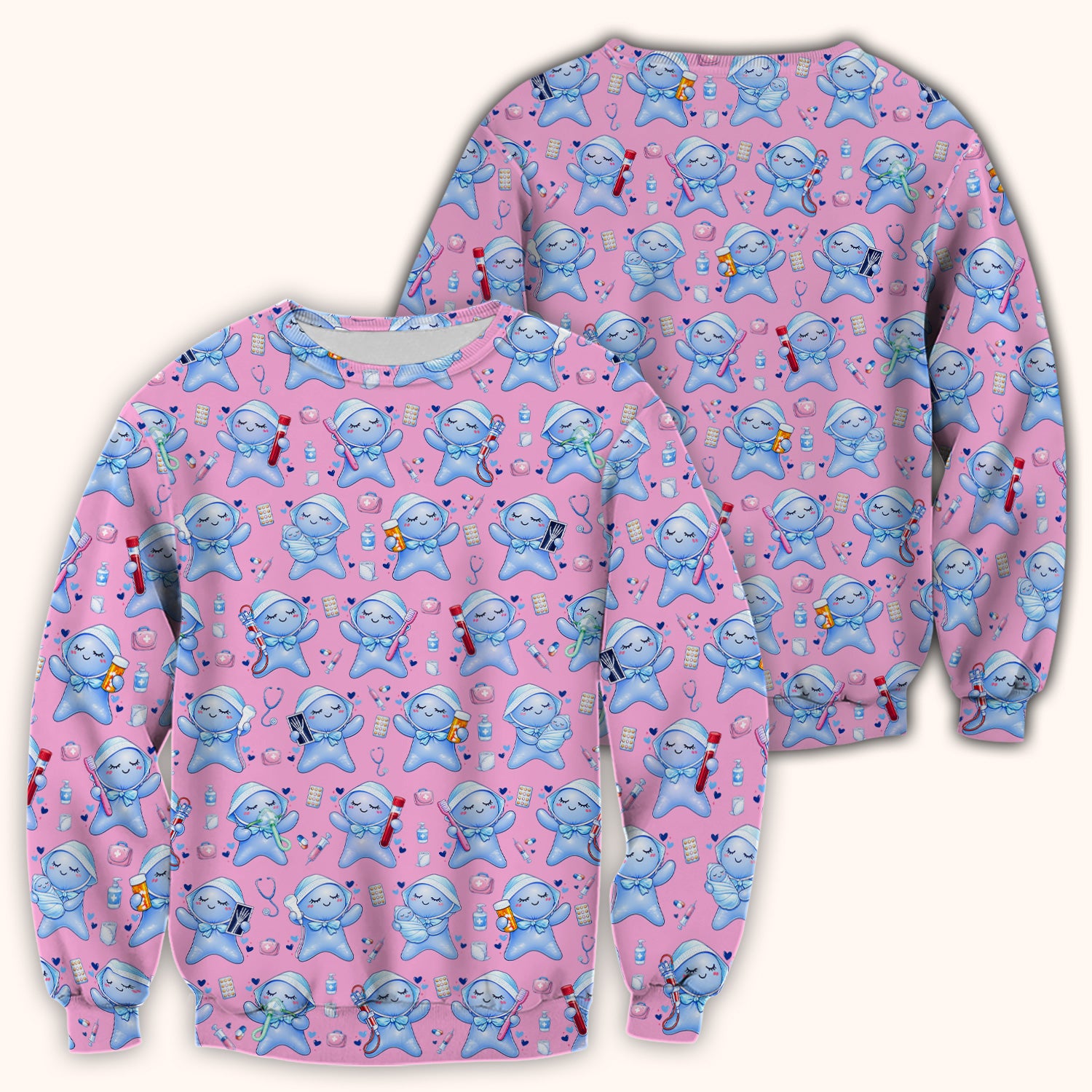 Cute Tooth Character Dental Tools Caring Pattern Scrub Top, Breathable Fabrics Nursing Uniform