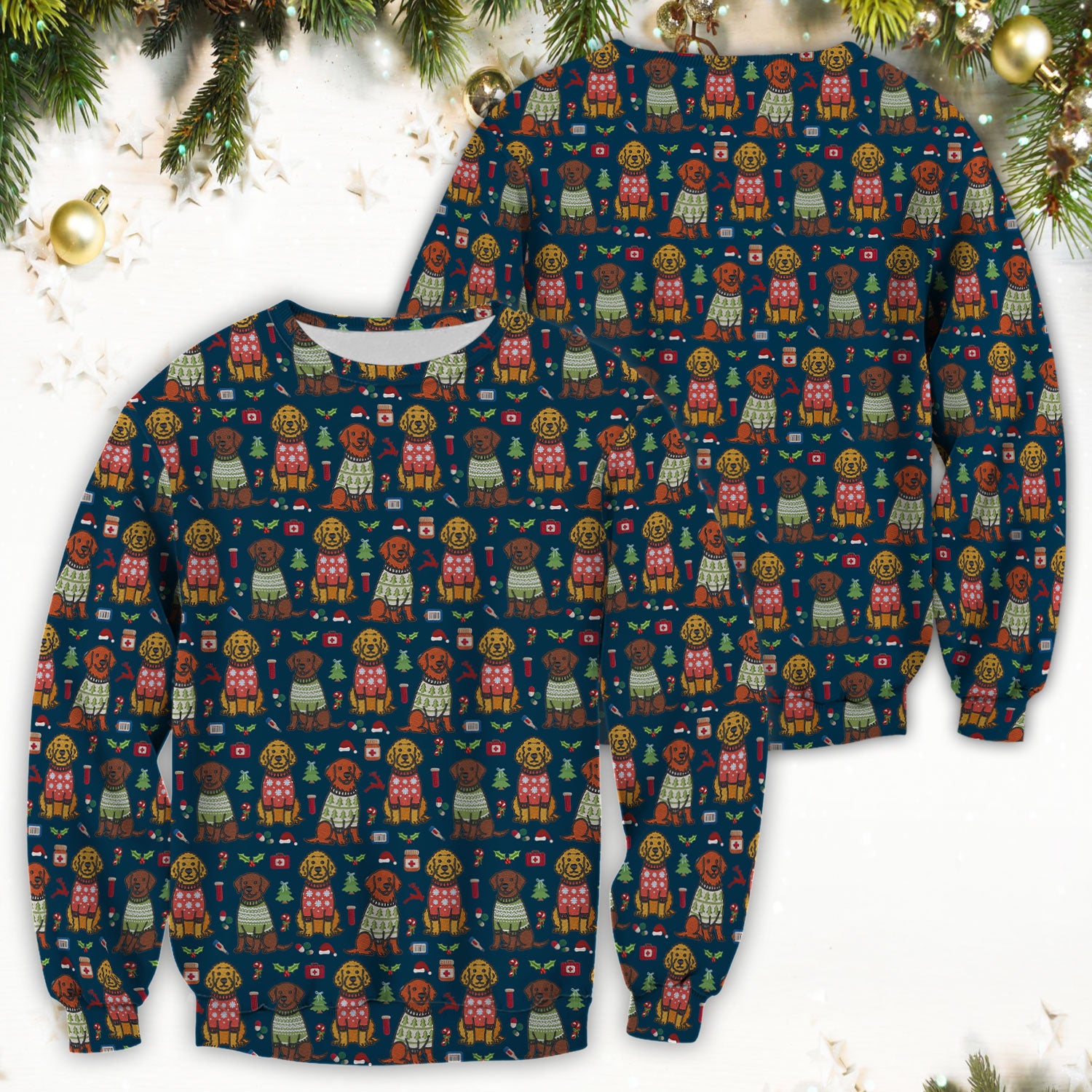 Golden Retriever Christmas Scrub Top, Cute Holiday Dog Nurse Pattern Shirt, Breathable Fabrics Nursing Uniform