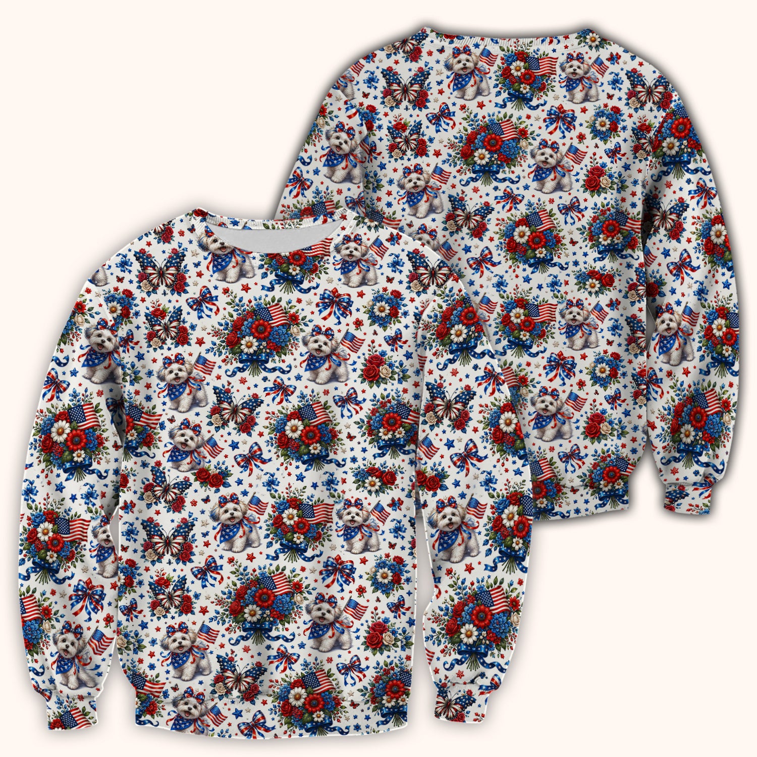 Patriotic Puppy Floral Bouquet Pattern Scrub Top, Comfortable Scrubs for Nurses
