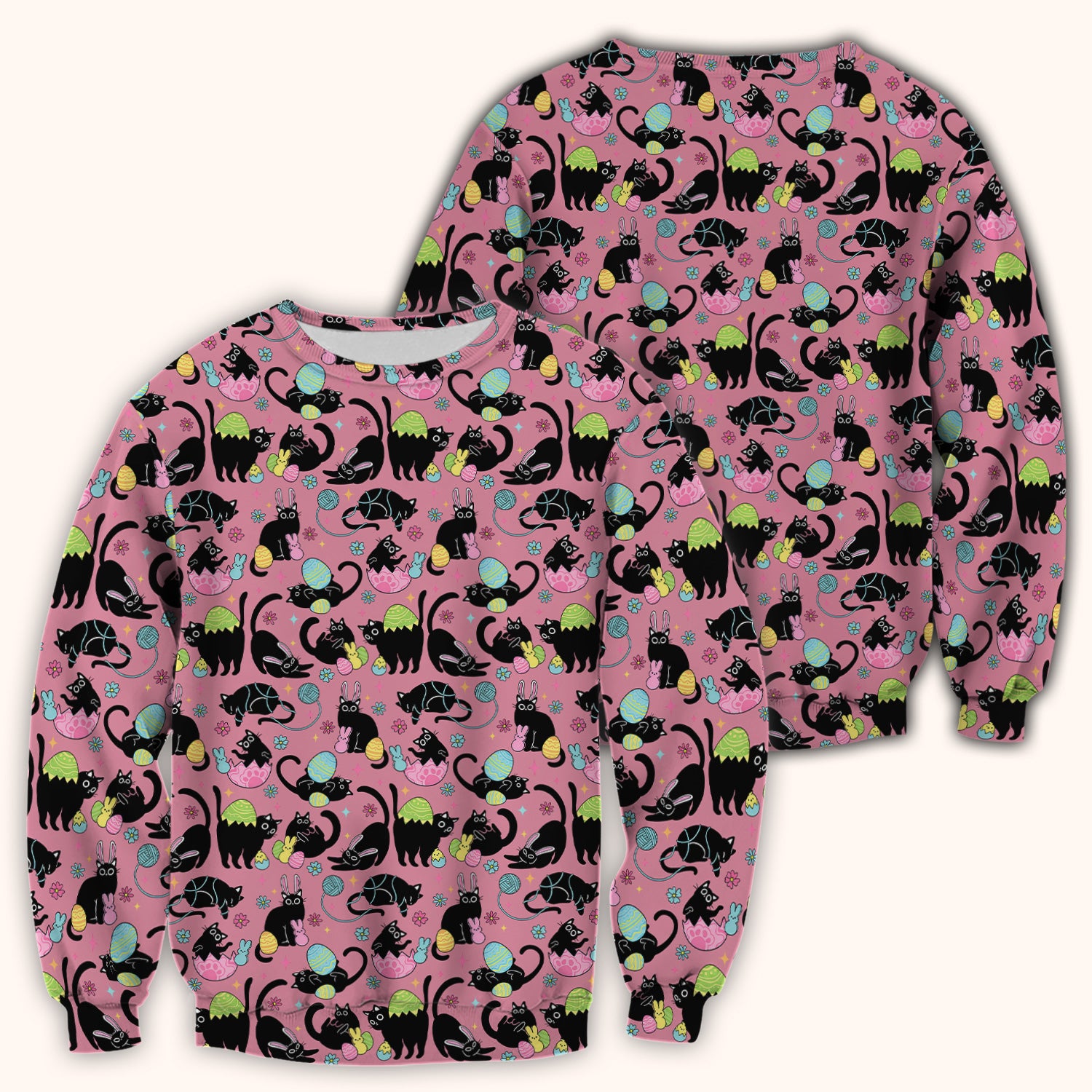 Funny Easter Black Cat Egg Pattern Scrub Top, Breathable Fabrics Nursing Uniform
