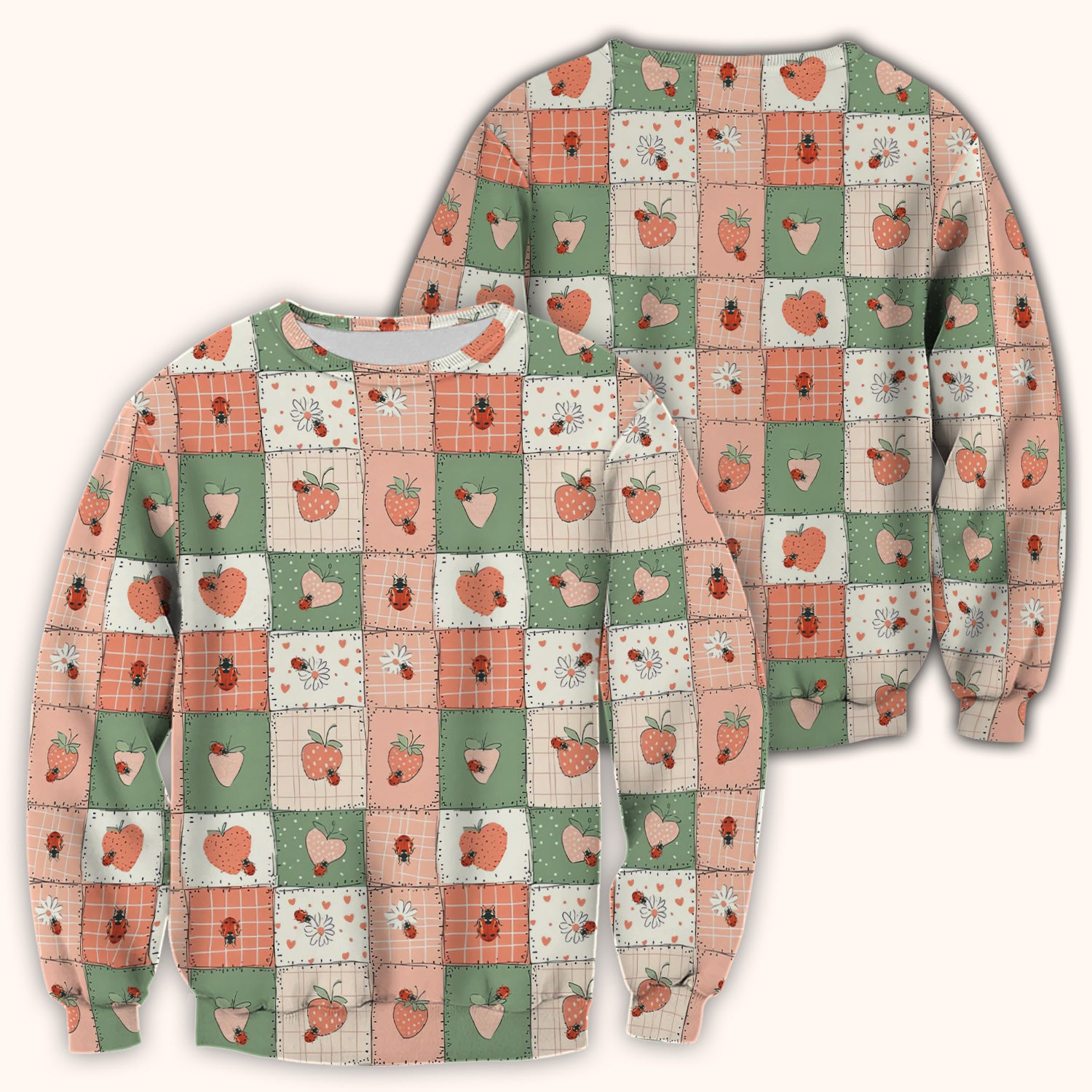 Strawberry Ladybug Patchwork Pattern Scrub Top, Comfortable Scrubs For Nurses