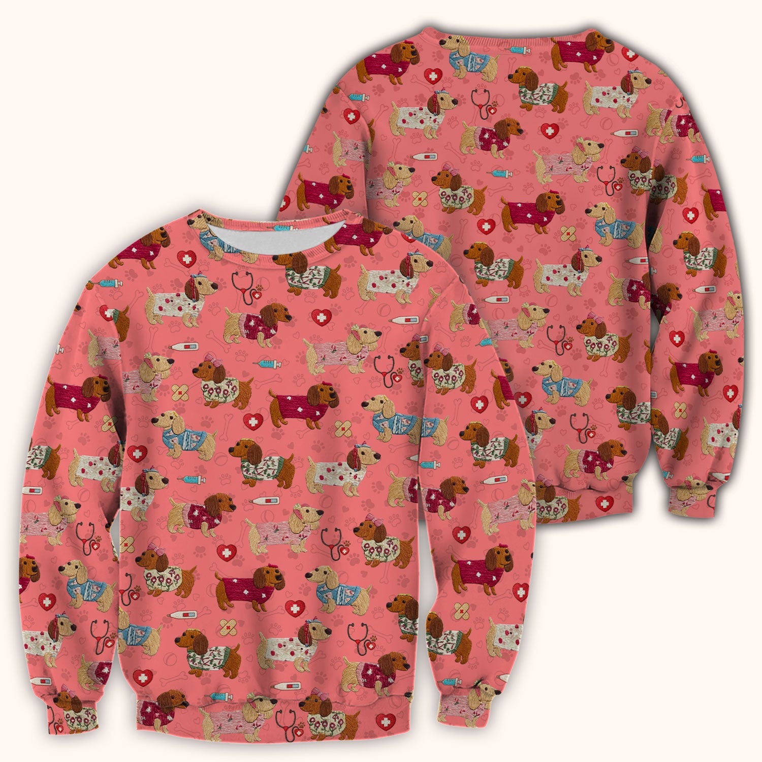 Cute Medical Wiener Dog Pattern Nurse Shirt, Dachshund Nursing Scrub Top, Breathable Fabrics Nursing Uniform