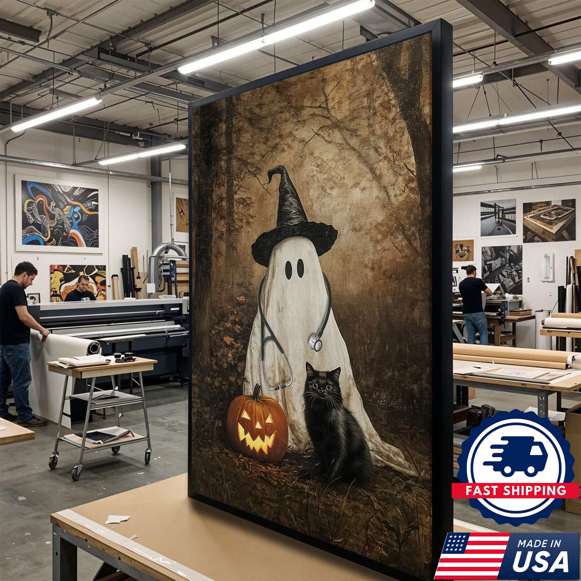 Halloween Nurse Ghost Canvas, Spooky Pumpkin Black Cat Wall Art, RN LPN CNA Gift