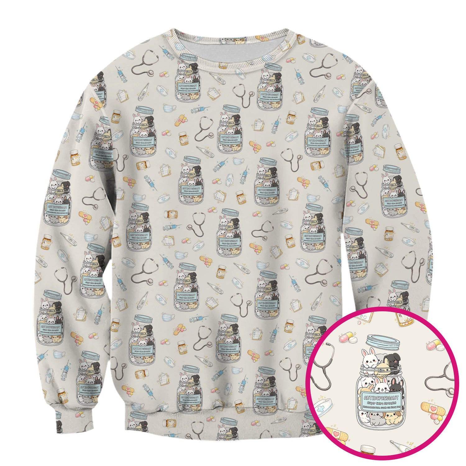 Whimsical Antidepressant Rabbit Jar Design Nurse Scrub Top, Soft & Breathable Workwear