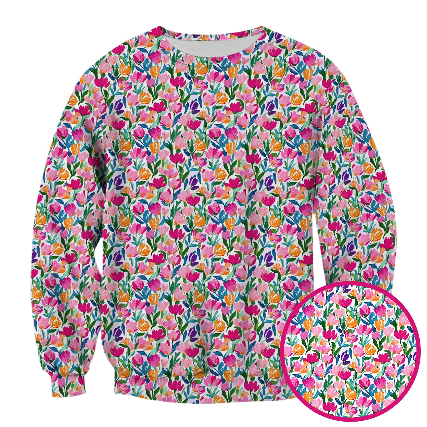 Vibrant Tulip Meadow Pattern Scrub Top, Breathable Fabrics Nursing Uniform